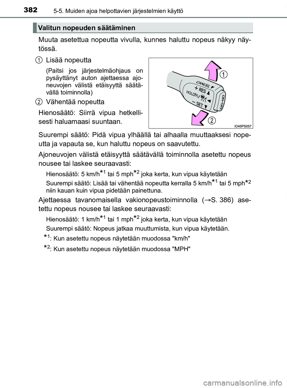 TOYOTA PRIUS PLUG-IN HYBRID 2018 Omistajan Käsikirja (in Finnish) 3825-5. Muiden ajoa helpottavien järjestelmien käyttö
OM47C99FI
Muuta asetettua nopeutta vivulla, kunnes haluttu nopeus näkyy näy-
tössä.
Lisää nopeutta
(Paitsi jos järjestelmäohjaus on
pys TOYOTA PRIUS PLUG-IN HYBRID 2018 Omistajan Käsikirja (in Finnish) 3825-5. Muiden ajoa helpottavien järjestelmien käyttö
OM47C99FI
Muuta asetettua nopeutta vivulla, kunnes haluttu nopeus näkyy näy-
tössä.
Lisää nopeutta
(Paitsi jos järjestelmäohjaus on
pys