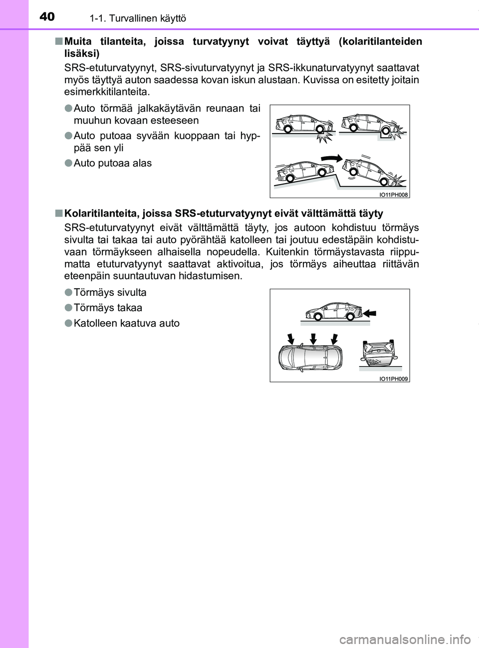 TOYOTA PRIUS PLUG-IN HYBRID 2018  Omistajan Käsikirja (in Finnish) 401-1. Turvallinen käyttö
OM47C99FIn
Muita tilanteita, joissa turvatyynyt  voivat täyttyä (kolaritilanteiden
lisäksi)
SRS-etuturvatyynyt, SRS-sivuturvatyynyt ja SRS-ikkunaturvatyynyt saattavat
my