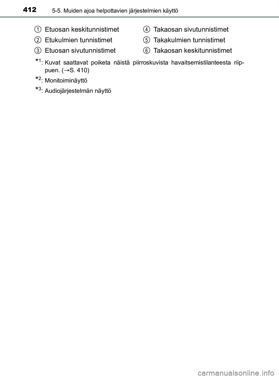 TOYOTA PRIUS PLUG-IN HYBRID 2018 Omistajan Käsikirja (in Finnish) 4125-5. Muiden ajoa helpottavien järjestelmien käyttö
OM47C99FI
*1: Kuvat saattavat poiketa näistä piirroskuvista havaitsemistilanteesta riip-puen. ( S. 410)
*2: Monitoiminäyttö
*3: Audiojä TOYOTA PRIUS PLUG-IN HYBRID 2018 Omistajan Käsikirja (in Finnish) 4125-5. Muiden ajoa helpottavien järjestelmien käyttö
OM47C99FI
*1: Kuvat saattavat poiketa näistä piirroskuvista havaitsemistilanteesta riip-puen. ( S. 410)
*2: Monitoiminäyttö
*3: Audiojä