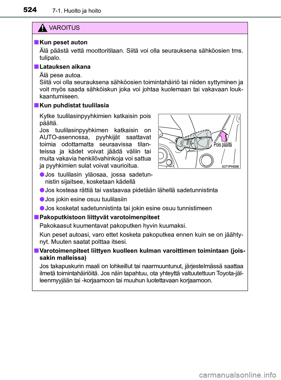 TOYOTA PRIUS PLUG-IN HYBRID 2018  Omistajan Käsikirja (in Finnish) 5247-1. Huolto ja hoito
OM47C99FI
VAROITUS
nKun peset auton
Älä päästä vettä moottoritilaan. Siitä voi olla seurauksena sähköosien tms.
tulipalo.
n Latauksen aikana
Älä pese autoa.
Siitä v