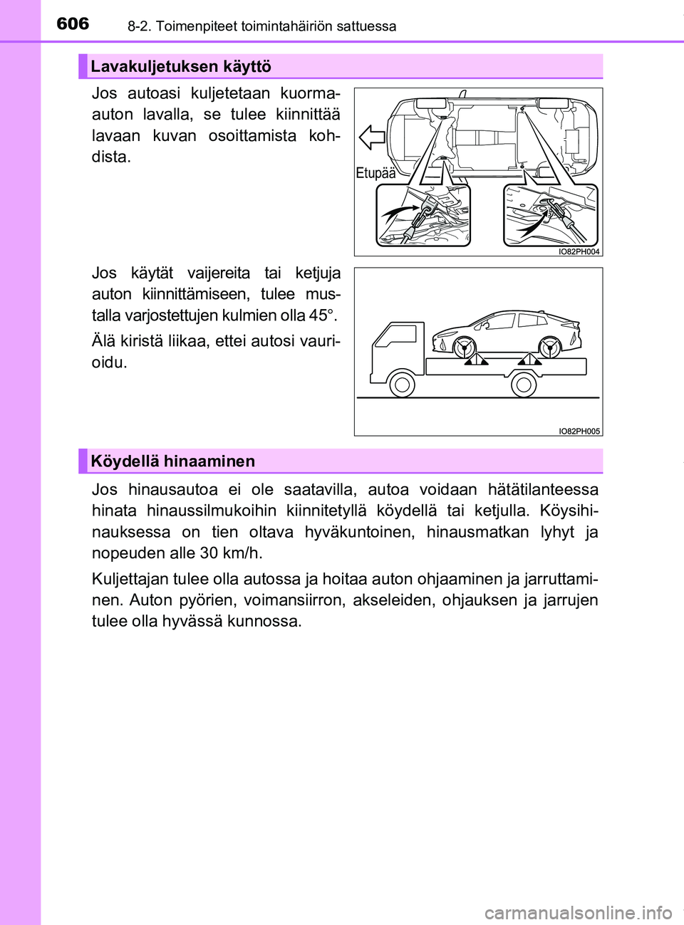 TOYOTA PRIUS PLUG-IN HYBRID 2018 Omistajan Käsikirja (in Finnish) 6068-2. Toimenpiteet toimintahäiriön sattuessa
OM47C99FI
Jos autoasi kuljetetaan kuorma-
auton lavalla, se tulee kiinnittää
lavaan kuvan osoittamista koh-
dista.
Jos käytät vaijereita tai ketjuj TOYOTA PRIUS PLUG-IN HYBRID 2018 Omistajan Käsikirja (in Finnish) 6068-2. Toimenpiteet toimintahäiriön sattuessa
OM47C99FI
Jos autoasi kuljetetaan kuorma-
auton lavalla, se tulee kiinnittää
lavaan kuvan osoittamista koh-
dista.
Jos käytät vaijereita tai ketjuj