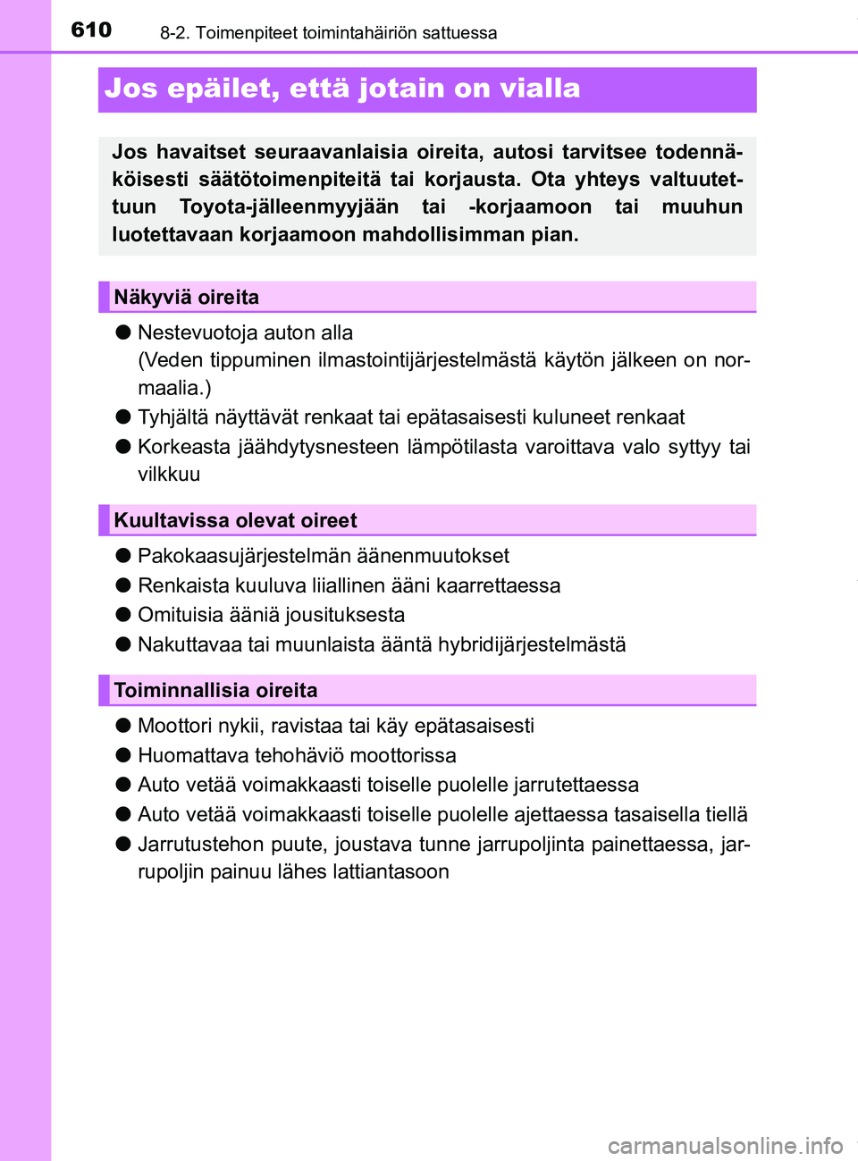 TOYOTA PRIUS PLUG-IN HYBRID 2018 Omistajan Käsikirja (in Finnish) 6108-2. Toimenpiteet toimintahäiriön sattuessa
OM47C99FI
Jos epäilet, että jotain on vialla
lNestevuotoja auton alla
(Veden tippuminen ilmastointijärj estelmästä käytön jälkeen on nor-
maali TOYOTA PRIUS PLUG-IN HYBRID 2018 Omistajan Käsikirja (in Finnish) 6108-2. Toimenpiteet toimintahäiriön sattuessa
OM47C99FI
Jos epäilet, että jotain on vialla
lNestevuotoja auton alla
(Veden tippuminen ilmastointijärj estelmästä käytön jälkeen on nor-
maali