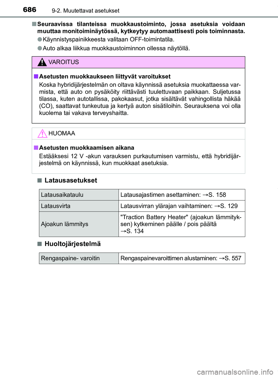 TOYOTA PRIUS PLUG-IN HYBRID 2018 Omistajan Käsikirja (in Finnish) 6869-2. Muutettavat asetukset
OM47C99FIn
Seuraavissa tilanteissa muokkaustoiminto, jossa asetuksia voidaan
muuttaa monitoiminäytössä, kytkeytyy automaattisesti pois toiminnasta.
lKäynnistyspainikk TOYOTA PRIUS PLUG-IN HYBRID 2018 Omistajan Käsikirja (in Finnish) 6869-2. Muutettavat asetukset
OM47C99FIn
Seuraavissa tilanteissa muokkaustoiminto, jossa asetuksia voidaan
muuttaa monitoiminäytössä, kytkeytyy automaattisesti pois toiminnasta.
lKäynnistyspainikk