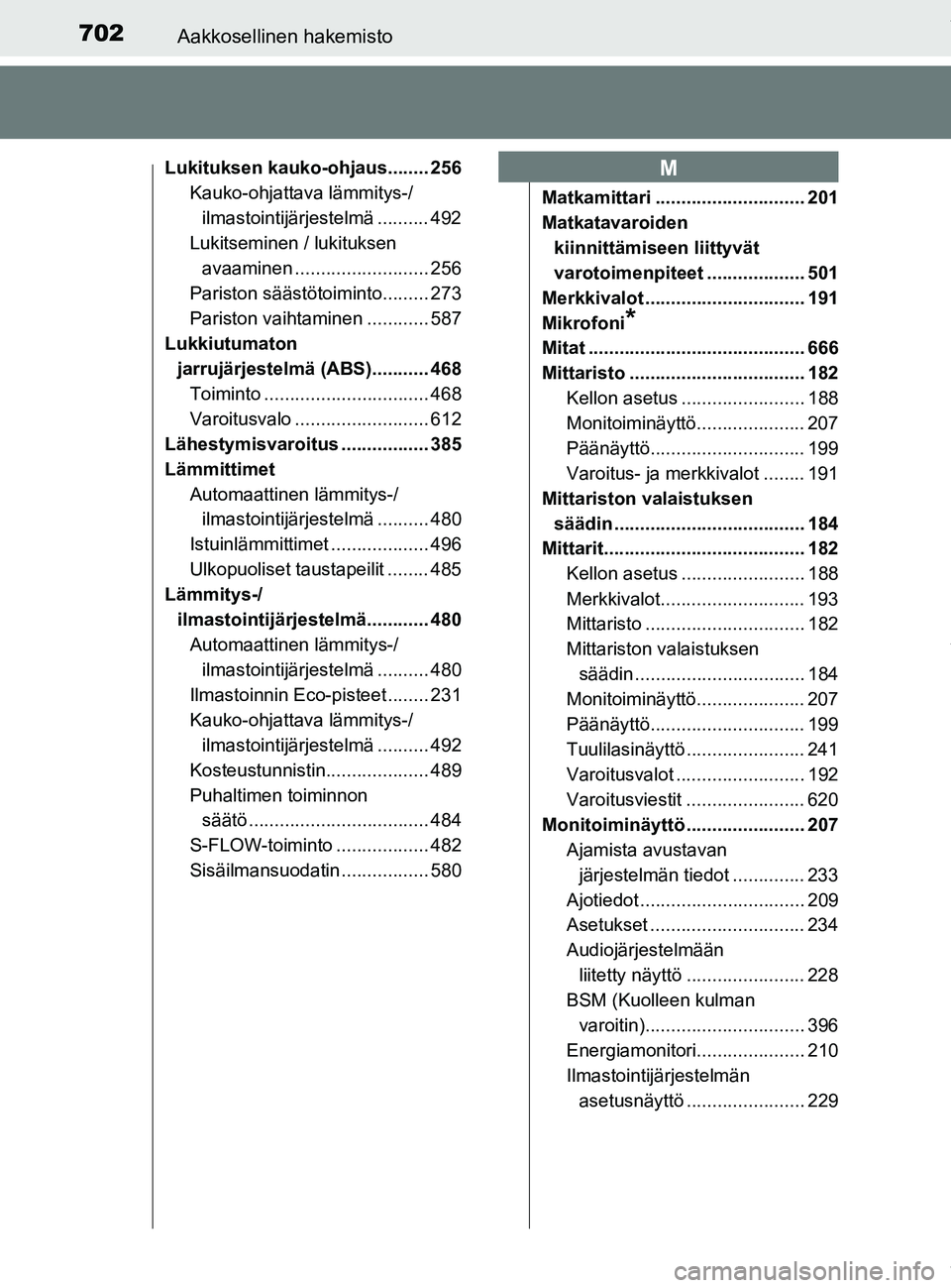 TOYOTA PRIUS PLUG-IN HYBRID 2018  Omistajan Käsikirja (in Finnish) 702Aakkosellinen hakemisto
OM47C99FI
Lukituksen kauko-ohjaus........ 256Kauko-ohjattava lämmitys-/
ilmastointijärjestelmä .......... 492
Lukitseminen / lukituksen  avaaminen .......................