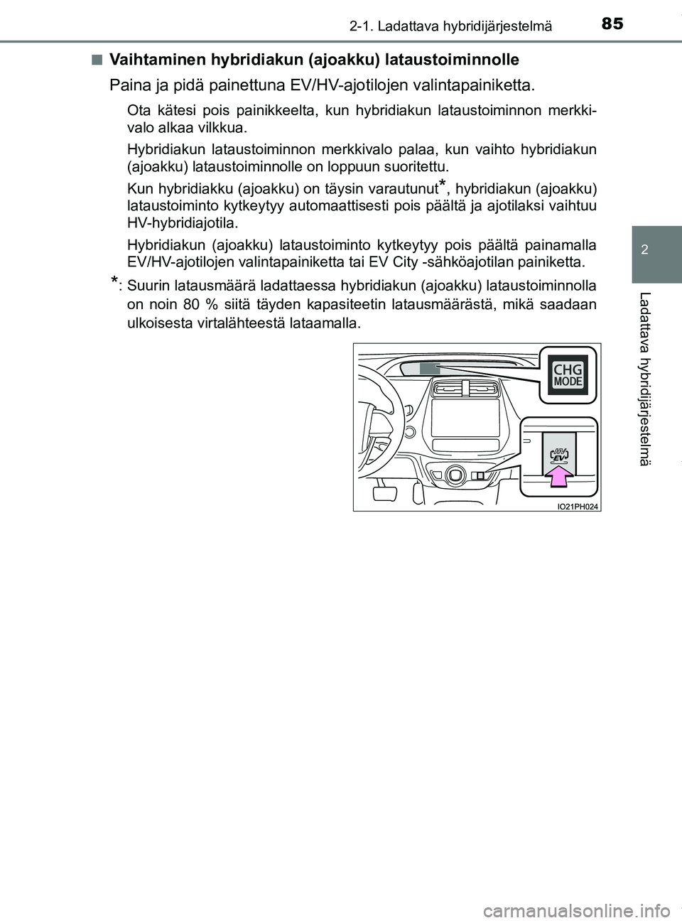 TOYOTA PRIUS PLUG-IN HYBRID 2018 Omistajan Käsikirja (in Finnish) 852-1. Ladattava hybridijärjestelmä
2
Ladattava hybridijärjestelmä
OM47C99FIn
Vaihtaminen hybridiakun (ajoakku) lataustoiminnolle
Paina ja pidä painettuna EV/HV-ajotilojen valintapainiketta.
Ota TOYOTA PRIUS PLUG-IN HYBRID 2018 Omistajan Käsikirja (in Finnish) 852-1. Ladattava hybridijärjestelmä
2
Ladattava hybridijärjestelmä
OM47C99FIn
Vaihtaminen hybridiakun (ajoakku) lataustoiminnolle
Paina ja pidä painettuna EV/HV-ajotilojen valintapainiketta.
Ota