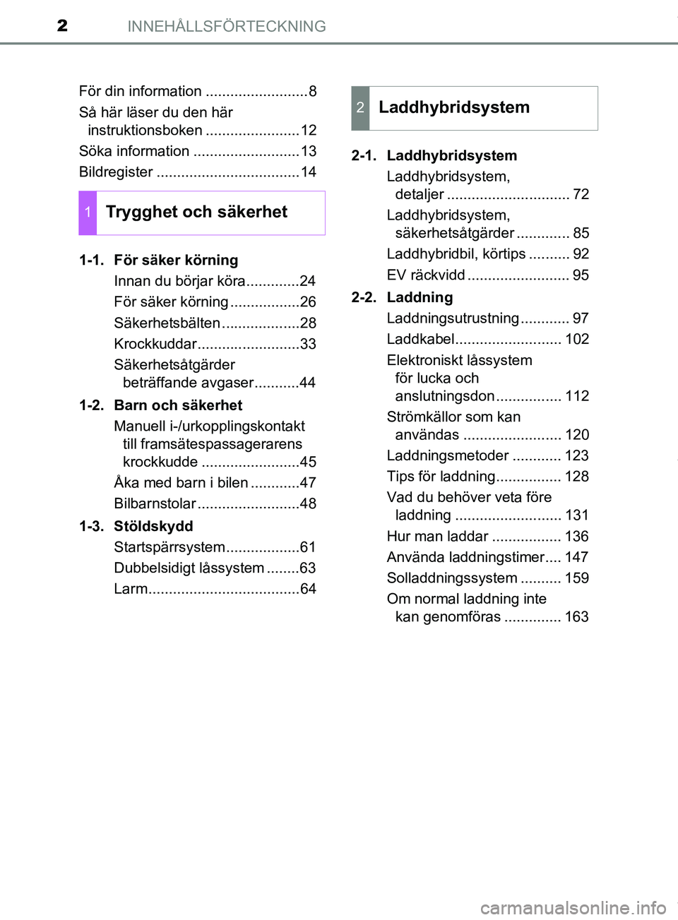 TOYOTA PRIUS PLUG-IN HYBRID 2018 Bruksanvisningar (in Swedish) INNEHÅLLSFÖRTECKNING2
OM47C99SEFör din information .........................8
Så här läser du den här
instruktionsboken .......................12
Söka information ..........................13 TOYOTA PRIUS PLUG-IN HYBRID 2018 Bruksanvisningar (in Swedish) INNEHÅLLSFÖRTECKNING2
OM47C99SEFör din information .........................8
Så här läser du den här
instruktionsboken .......................12
Söka information ..........................13