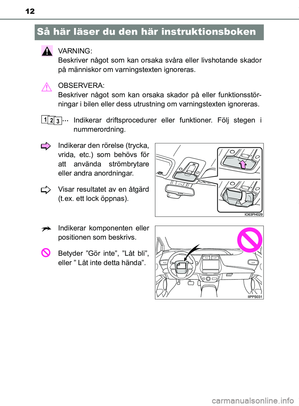 TOYOTA PRIUS PLUG-IN HYBRID 2018 Bruksanvisningar (in Swedish) 12
OM47C99SE
Så här läser du den här instruktionsboken
VARNING:
Beskriver något som kan orsaka svåra eller livshotande skador
på människor om varningstexten ignoreras.
OBSERVERA:
Beskriver n TOYOTA PRIUS PLUG-IN HYBRID 2018 Bruksanvisningar (in Swedish) 12
OM47C99SE
Så här läser du den här instruktionsboken
VARNING:
Beskriver något som kan orsaka svåra eller livshotande skador
på människor om varningstexten ignoreras.
OBSERVERA:
Beskriver n