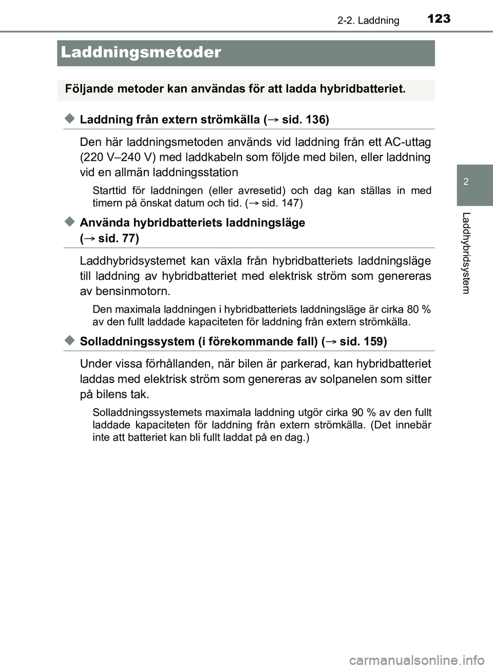 TOYOTA PRIUS PLUG-IN HYBRID 2018 Bruksanvisningar (in Swedish) 123
2
2-2. Laddning
Laddhybridsystem
OM47C99SE
Laddningsmetoder
uLaddning från extern strömkälla (sid. 136)
Den här laddningsmetoden används vid laddning från ett AC-uttag
(220 V–240 V) med TOYOTA PRIUS PLUG-IN HYBRID 2018 Bruksanvisningar (in Swedish) 123
2
2-2. Laddning
Laddhybridsystem
OM47C99SE
Laddningsmetoder
uLaddning från extern strömkälla (sid. 136)
Den här laddningsmetoden används vid laddning från ett AC-uttag
(220 V–240 V) med