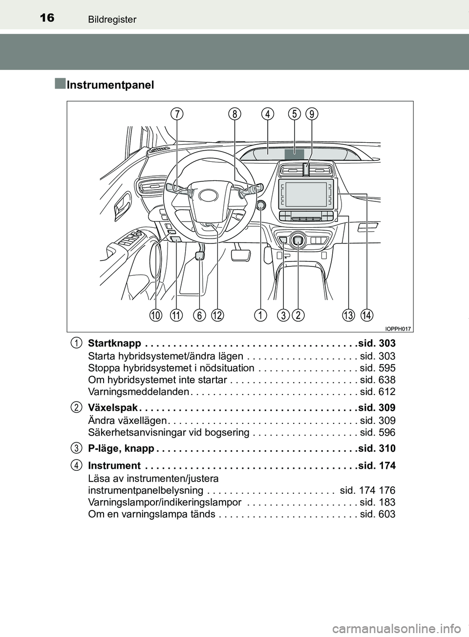 TOYOTA PRIUS PLUG-IN HYBRID 2018 Bruksanvisningar (in Swedish) 16Bildregister
OM47C99SE
nInstrumentpanel
Startknapp . . . . . . . . . . . . . . . . . . . . . . . . . . . . . . . . . . . . . . sid. 303
Starta hybridsystemet/ändra lägen . . . . . . . . . . . . TOYOTA PRIUS PLUG-IN HYBRID 2018 Bruksanvisningar (in Swedish) 16Bildregister
OM47C99SE
nInstrumentpanel
Startknapp . . . . . . . . . . . . . . . . . . . . . . . . . . . . . . . . . . . . . . sid. 303
Starta hybridsystemet/ändra lägen . . . . . . . . . . . .