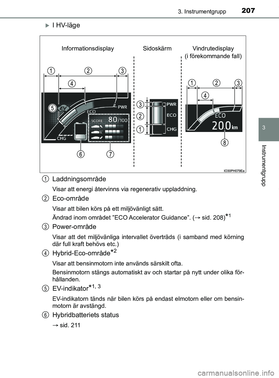 TOYOTA PRIUS PLUG-IN HYBRID 2018  Bruksanvisningar (in Swedish) 2073. Instrumentgrupp
3
Instrumentgrupp
OM47C99SE
I HV-läge
Laddningsområde
Visar att energi återvinns via regenerativ uppladdning.
Eco-område
Visar att bilen körs på ett miljövänligt sätt