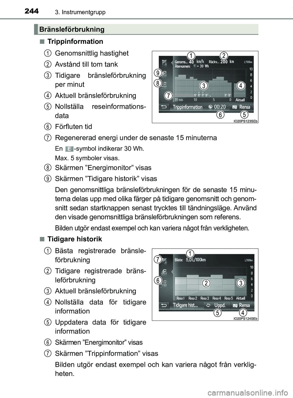 TOYOTA PRIUS PLUG-IN HYBRID 2018  Bruksanvisningar (in Swedish) 2443. Instrumentgrupp
OM47C99SEn
Trippinformation
Genomsnittlig hastighet
Avstånd till tom tank
Tidigare bränsleförbrukning
per minut
Aktuell bränsleförbrukning
Nollställa reseinformations-
data