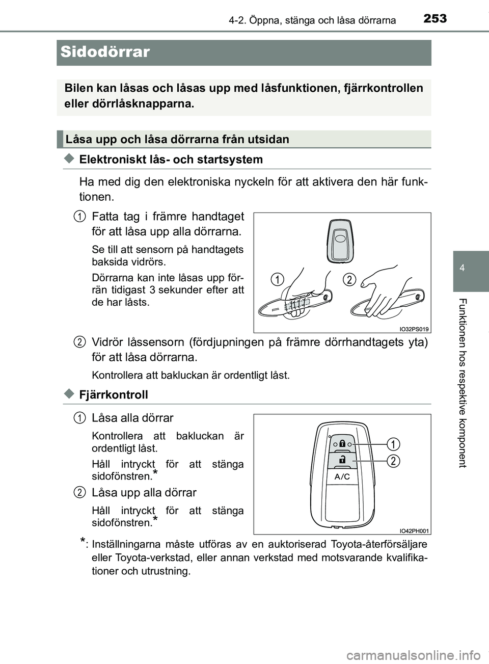 TOYOTA PRIUS PLUG-IN HYBRID 2018  Bruksanvisningar (in Swedish) 2534-2. Öppna, stänga och låsa dörrarna
OM47C99SE
4
Funktionen hos respektive komponent
Sidodörrar
uElektroniskt lås- och startsystem
Ha med dig den elektroniska nyckeln för att aktivera den h
