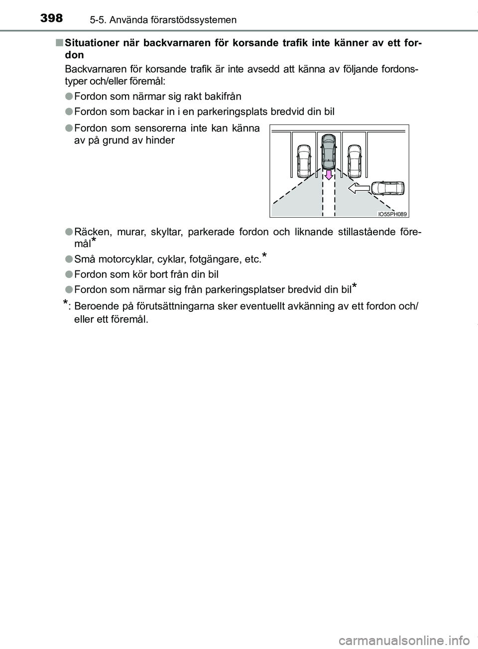 TOYOTA PRIUS PLUG-IN HYBRID 2018  Bruksanvisningar (in Swedish) 3985-5. Använda förarstödssystemen
OM47C99SEn
Situationer när backvarnaren för korsande trafik inte känner av ett for-
don
Backvarnaren för korsande trafik är inte avsedd att känna av följan