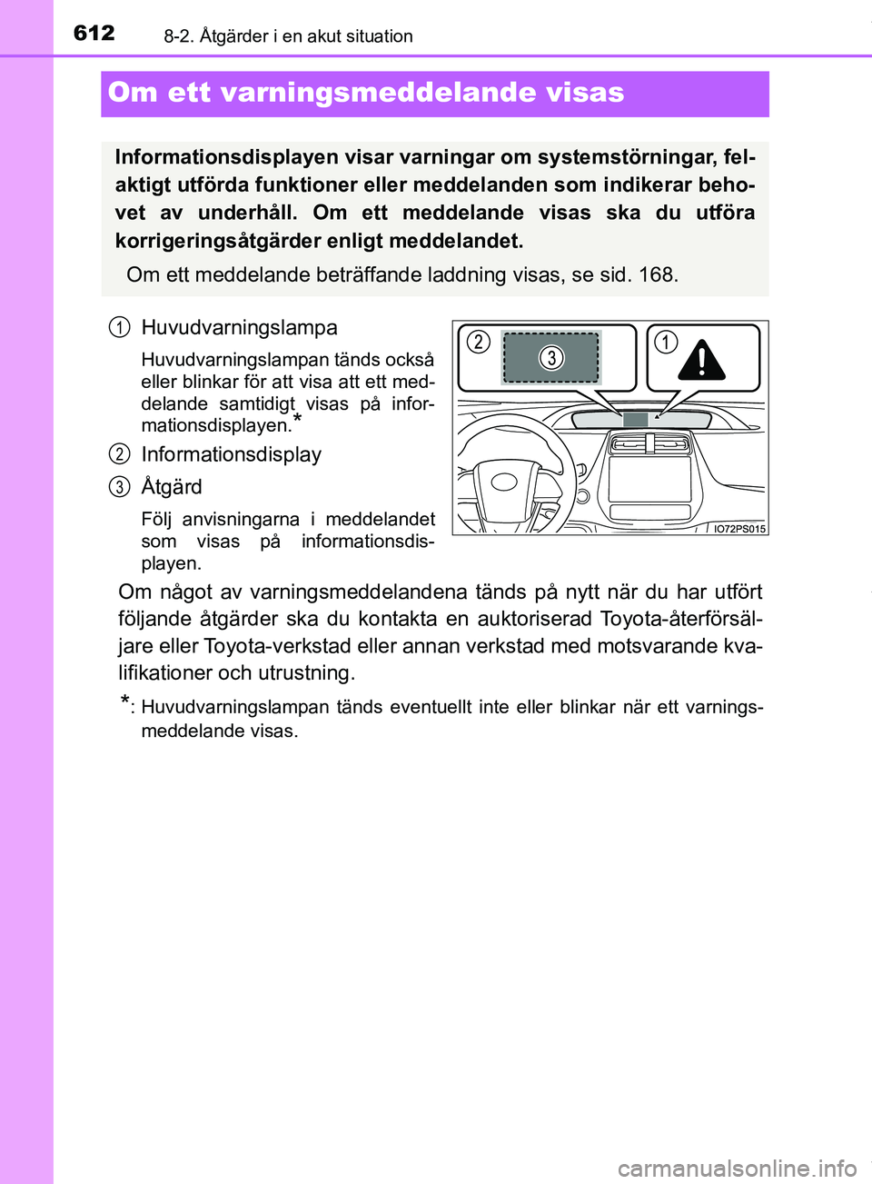 TOYOTA PRIUS PLUG-IN HYBRID 2018 Bruksanvisningar (in Swedish) 6128-2. Åtgärder i en akut situation
OM47C99SE
Om ett varningsmeddelande visas
Huvudvarningslampa
Huvudvarningslampan tänds också
eller blinkar för att visa att ett med-
delande samtidigt visas p TOYOTA PRIUS PLUG-IN HYBRID 2018 Bruksanvisningar (in Swedish) 6128-2. Åtgärder i en akut situation
OM47C99SE
Om ett varningsmeddelande visas
Huvudvarningslampa
Huvudvarningslampan tänds också
eller blinkar för att visa att ett med-
delande samtidigt visas p