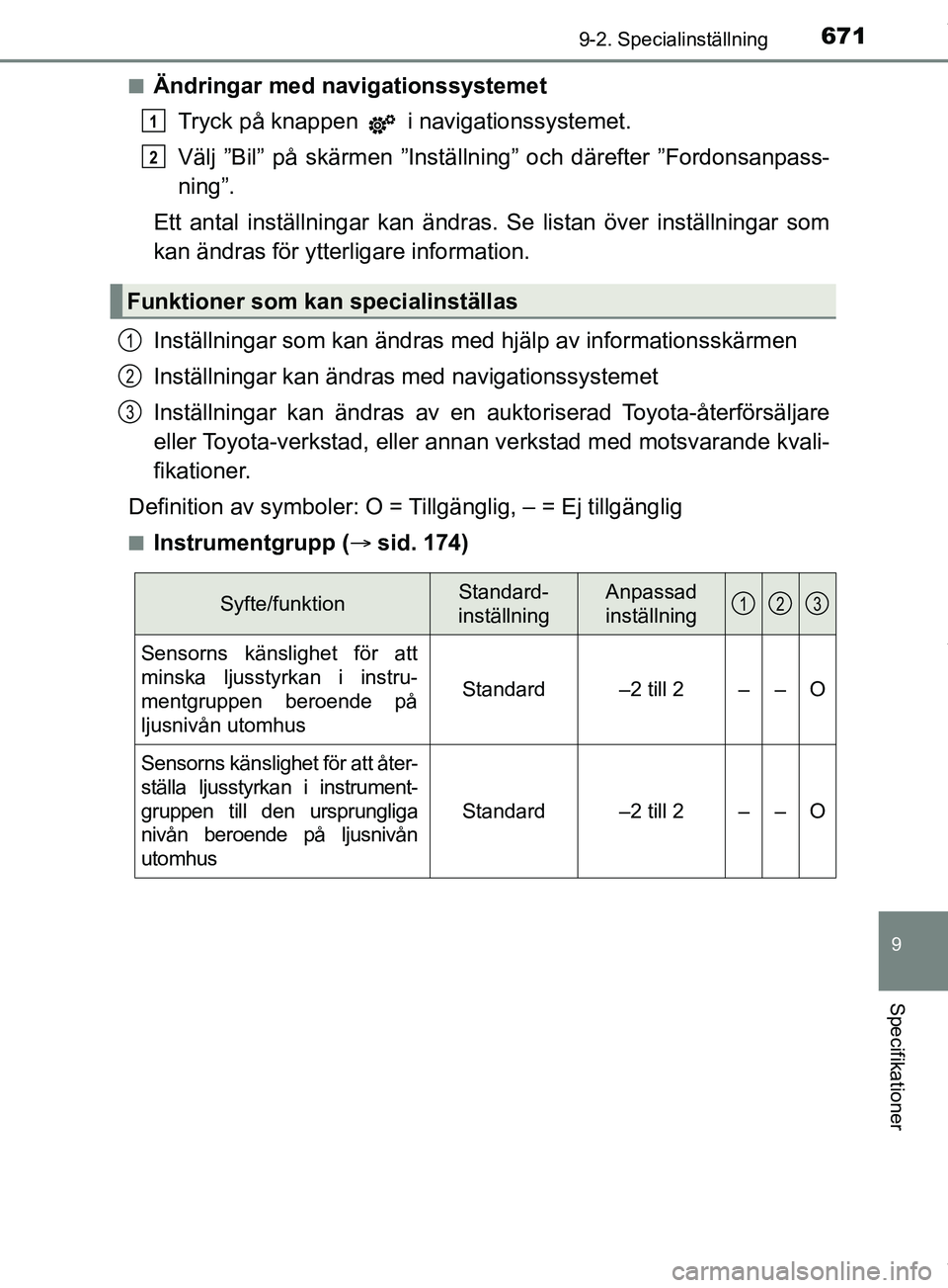 TOYOTA PRIUS PLUG-IN HYBRID 2018  Bruksanvisningar (in Swedish) 6719-2. Specialinställning
OM47C99SE
9
Specifikationer
nÄndringar med navigationssystemetTryck på knappen   i navigationssystemet.
Välj ”Bil” på skärmen ”Inställning” och därefter ”F