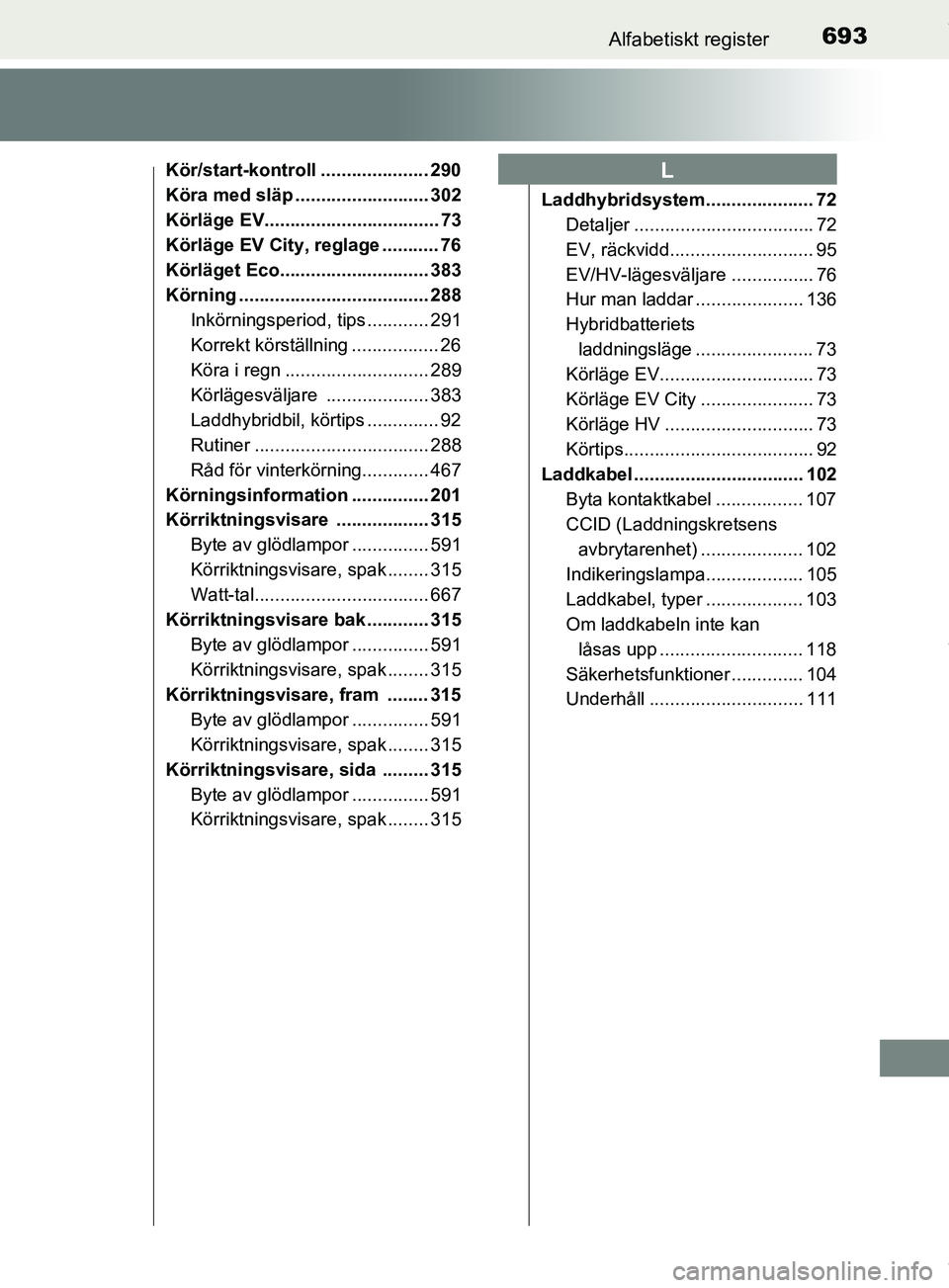 TOYOTA PRIUS PLUG-IN HYBRID 2018  Bruksanvisningar (in Swedish) 693Alfabetiskt register
OM47C99SE
Kör/start-kontroll ..................... 290
Köra med släp .......................... 302
Körläge EV.................................. 73
Körläge EV City, regl