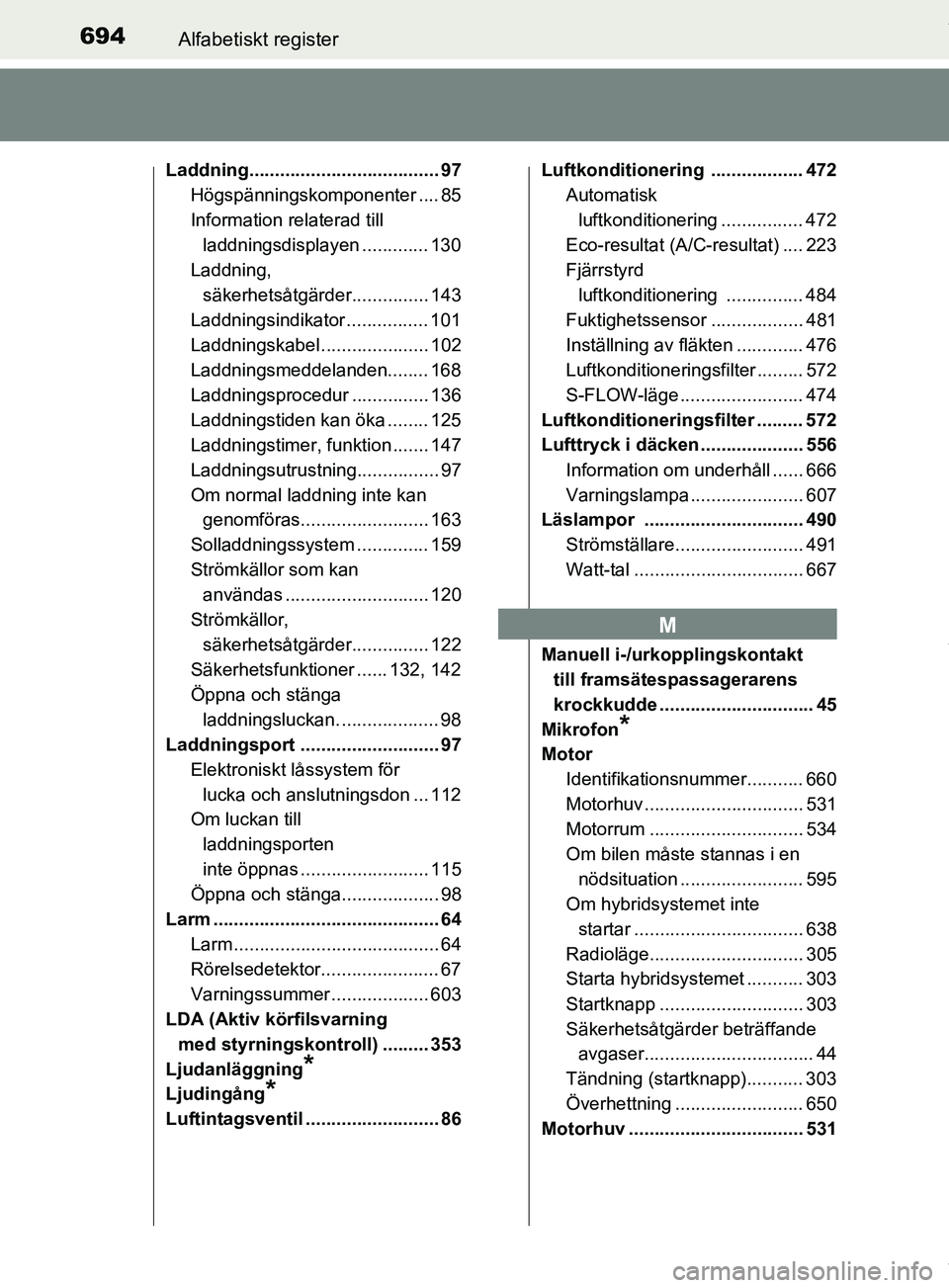 TOYOTA PRIUS PLUG-IN HYBRID 2018  Bruksanvisningar (in Swedish) 694Alfabetiskt register
OM47C99SE
Laddning..................................... 97Högspänningskomponenter .... 85
Information relaterad till
laddningsdisplayen ............. 130
Laddning, 
säkerhet