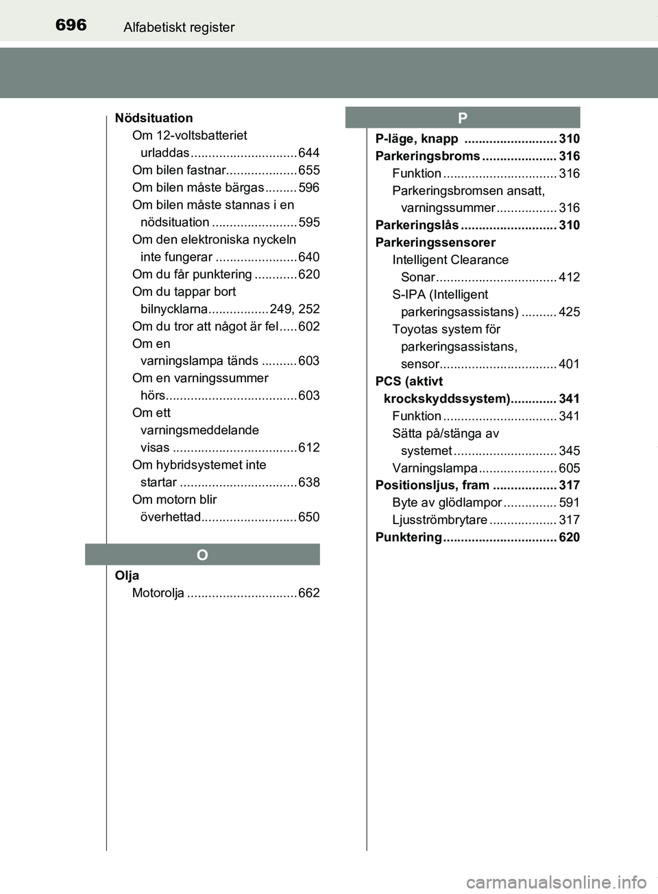 TOYOTA PRIUS PLUG-IN HYBRID 2018  Bruksanvisningar (in Swedish) 696Alfabetiskt register
OM47C99SE
NödsituationOm 12-voltsbatteriet 
urladdas .............................. 644
Om bilen fastnar.................... 655
Om bilen måste bärgas ......... 596
Om bilen