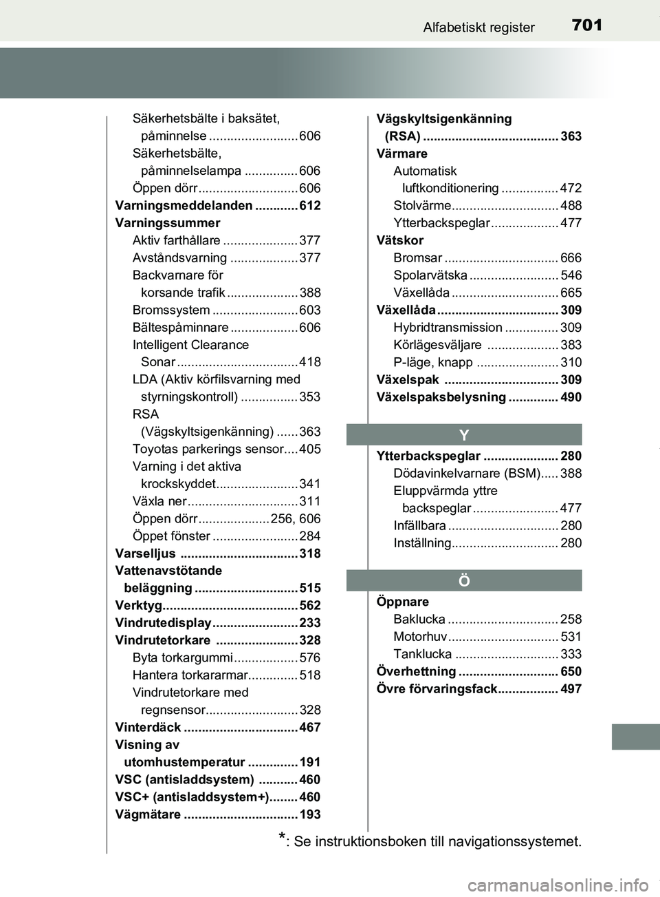 TOYOTA PRIUS PLUG-IN HYBRID 2018 Bruksanvisningar (in Swedish) 701Alfabetiskt register
OM47C99SE
Säkerhetsbälte i baksätet,påminnelse ......................... 606
Säkerhetsbälte, påminnelselampa ............... 606
Öppen dörr ........................... TOYOTA PRIUS PLUG-IN HYBRID 2018 Bruksanvisningar (in Swedish) 701Alfabetiskt register
OM47C99SE
Säkerhetsbälte i baksätet,påminnelse ......................... 606
Säkerhetsbälte, påminnelselampa ............... 606
Öppen dörr ...........................