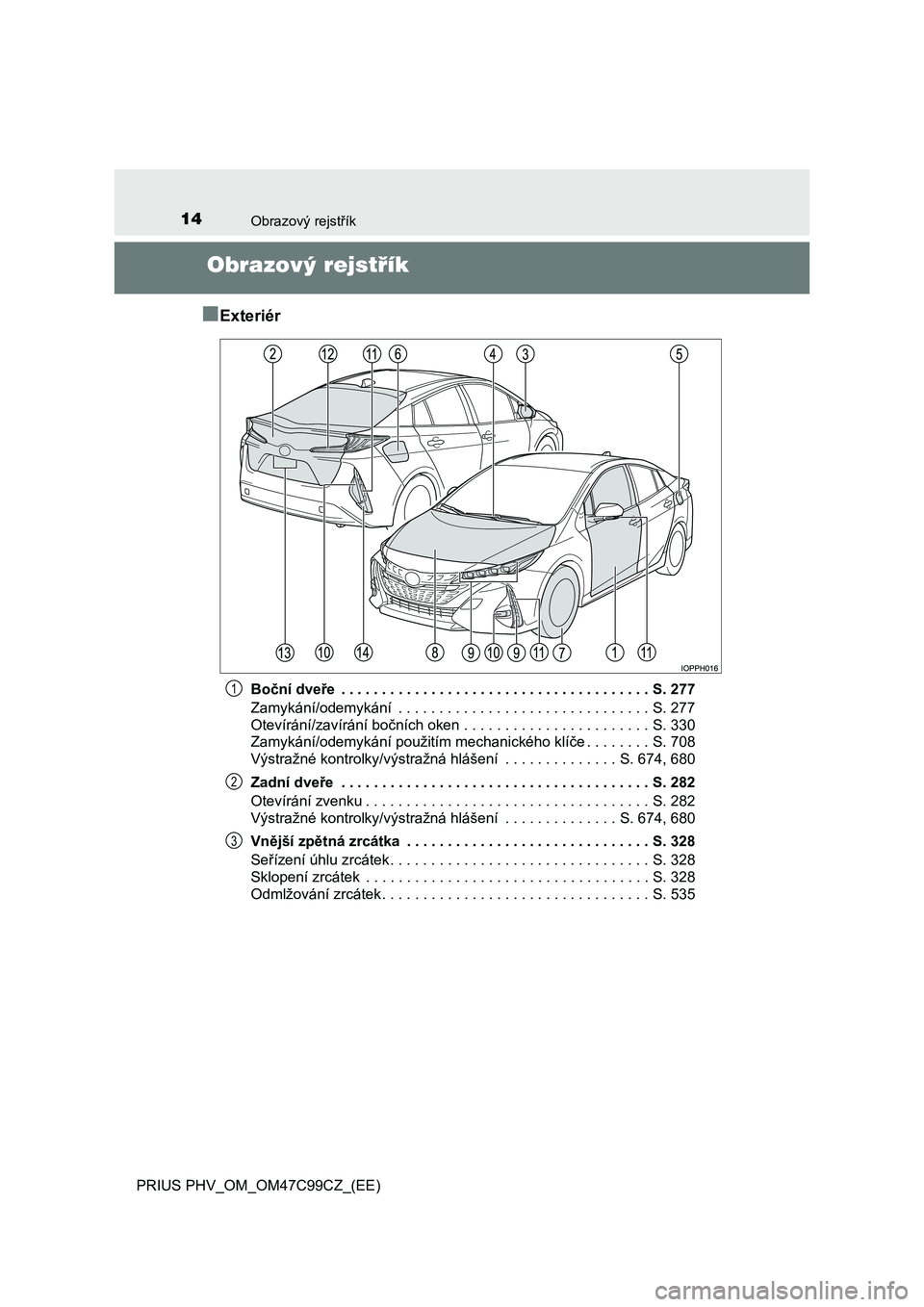 TOYOTA PRIUS PLUG-IN HYBRID 2018 Návod na použití (in Czech) 14Obrazový rejstřík
PRIUS PHV_OM_OM47C99CZ_(EE)
Obrazový rejstřík
■
Exteriér
Boční dveře . . . . . . . . . . . . . . . . . . . . . . . . . . . . . . . . . . . . . . S. 277
Zamykání/odem TOYOTA PRIUS PLUG-IN HYBRID 2018 Návod na použití (in Czech) 14Obrazový rejstřík
PRIUS PHV_OM_OM47C99CZ_(EE)
Obrazový rejstřík
■
Exteriér
Boční dveře . . . . . . . . . . . . . . . . . . . . . . . . . . . . . . . . . . . . . . S. 277
Zamykání/odem