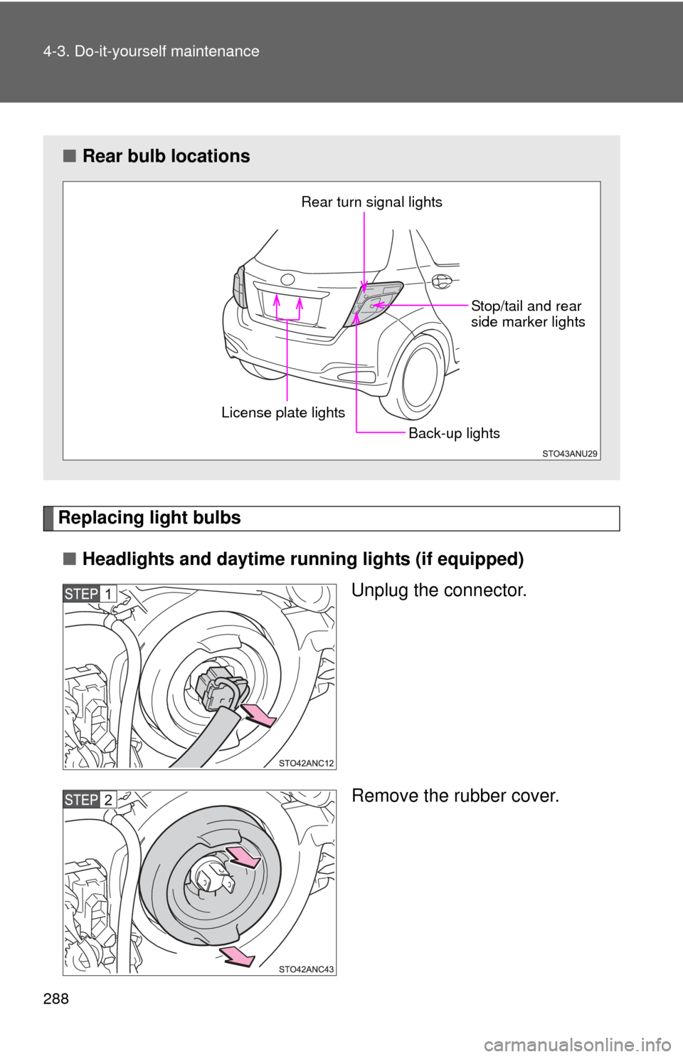 TOYOTA YARIS 2013 3.G Owners Manual 288 4-3. Do-it-yourself maintenance
Replacing light bulbs■ Headlights and daytime running lights (if equipped)
Unplug the connector.
Remove the rubber cover.
■Rear bulb locations
Back-up lights
Re