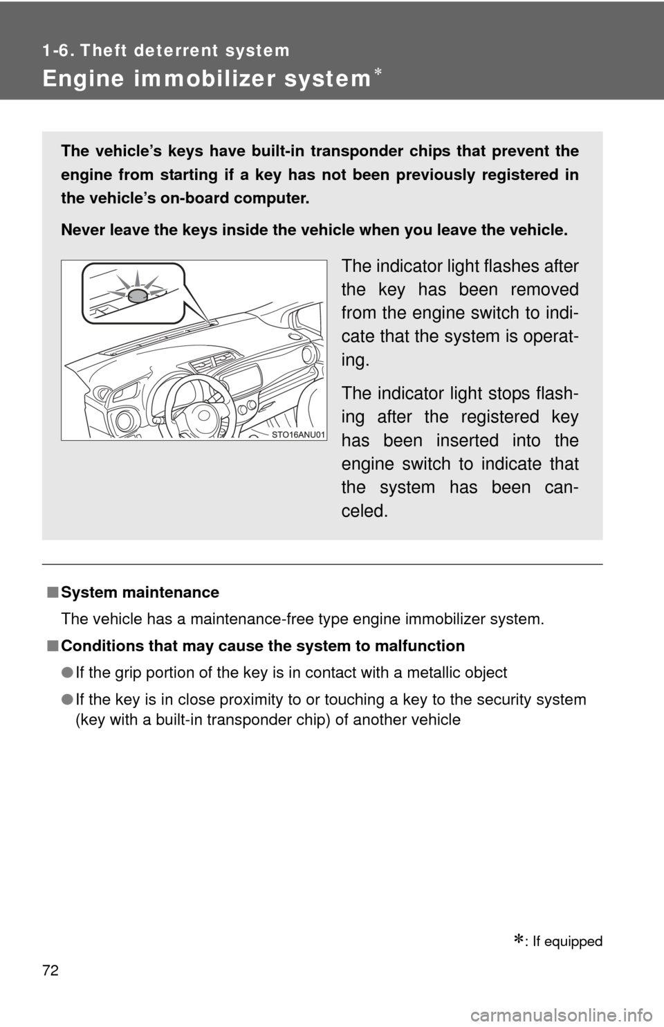 TOYOTA YARIS 2013 3.G User Guide 72
1-6. Theft deterrent system
Engine immobilizer system
: If equipped
■System maintenance
The vehicle has a maintenance-free type engine immobilizer system.
■ Conditions that may cause the 