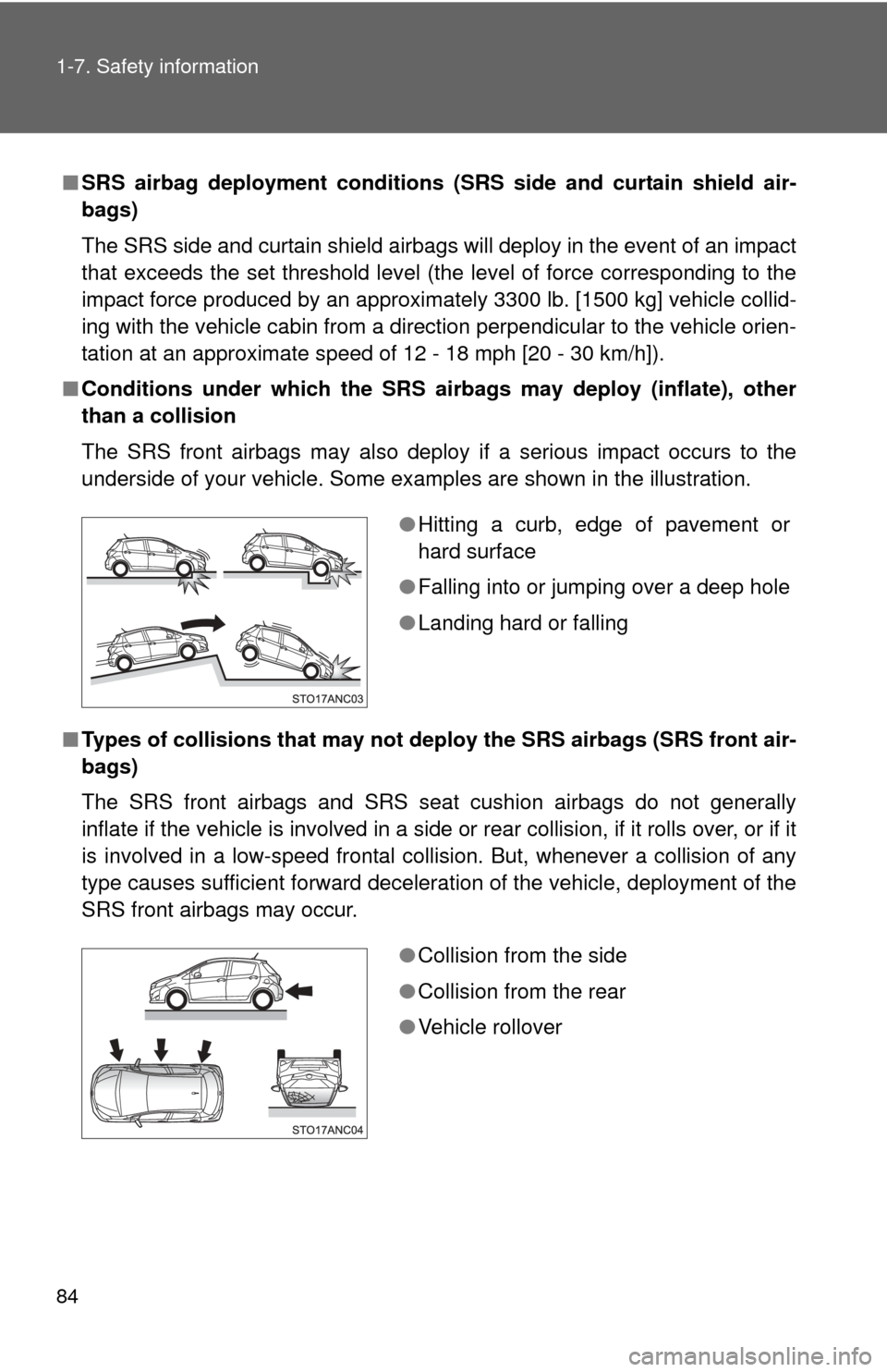 TOYOTA YARIS 2013 3.G Owners Manual 84 1-7. Safety information
■SRS airbag deployment conditions (S RS side and curtain shield air-
bags)
The SRS side and curtain shield airbags will deploy in the event of an impact
that exceeds the s