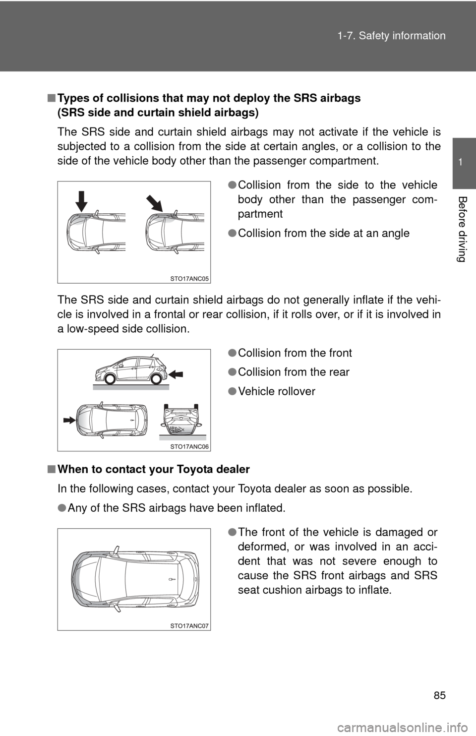 TOYOTA YARIS 2013 3.G Manual Online 85
1-7. Safety information
1
Before driving
■
Types of collisions that may not deploy the SRS airbags
(SRS side and curtain shield airbags)
The SRS side and curtain shield airbags may not activate TOYOTA YARIS 2013 3.G Manual Online 85
1-7. Safety information
1
Before driving
■
Types of collisions that may not deploy the SRS airbags
(SRS side and curtain shield airbags)
The SRS side and curtain shield airbags may not activate