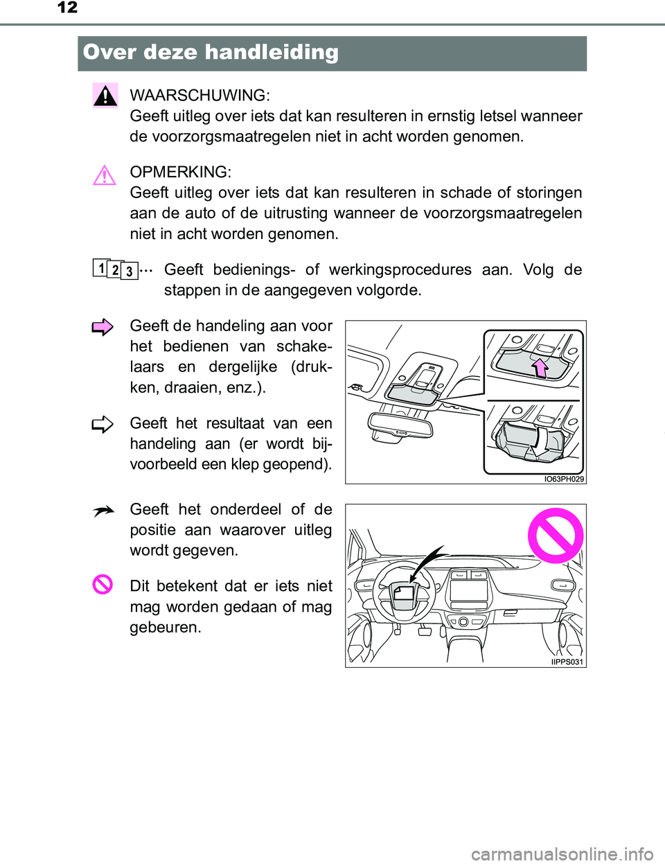 TOYOTA PRIUS PLUG-IN HYBRID 2017 Instructieboekje (in Dutch) 12
PRIUS PHV_OM_OM47A89E_(EE)
Over deze handleiding
WAARSCHUWING:
Geeft uitleg over iets dat kan resulteren in ernstig letsel wanneer
de voorzorgsmaatregelen niet in acht worden genomen.
OPMERKING:
TOYOTA PRIUS PLUG-IN HYBRID 2017 Instructieboekje (in Dutch) 12
PRIUS PHV_OM_OM47A89E_(EE)
Over deze handleiding
WAARSCHUWING:
Geeft uitleg over iets dat kan resulteren in ernstig letsel wanneer
de voorzorgsmaatregelen niet in acht worden genomen.
OPMERKING: