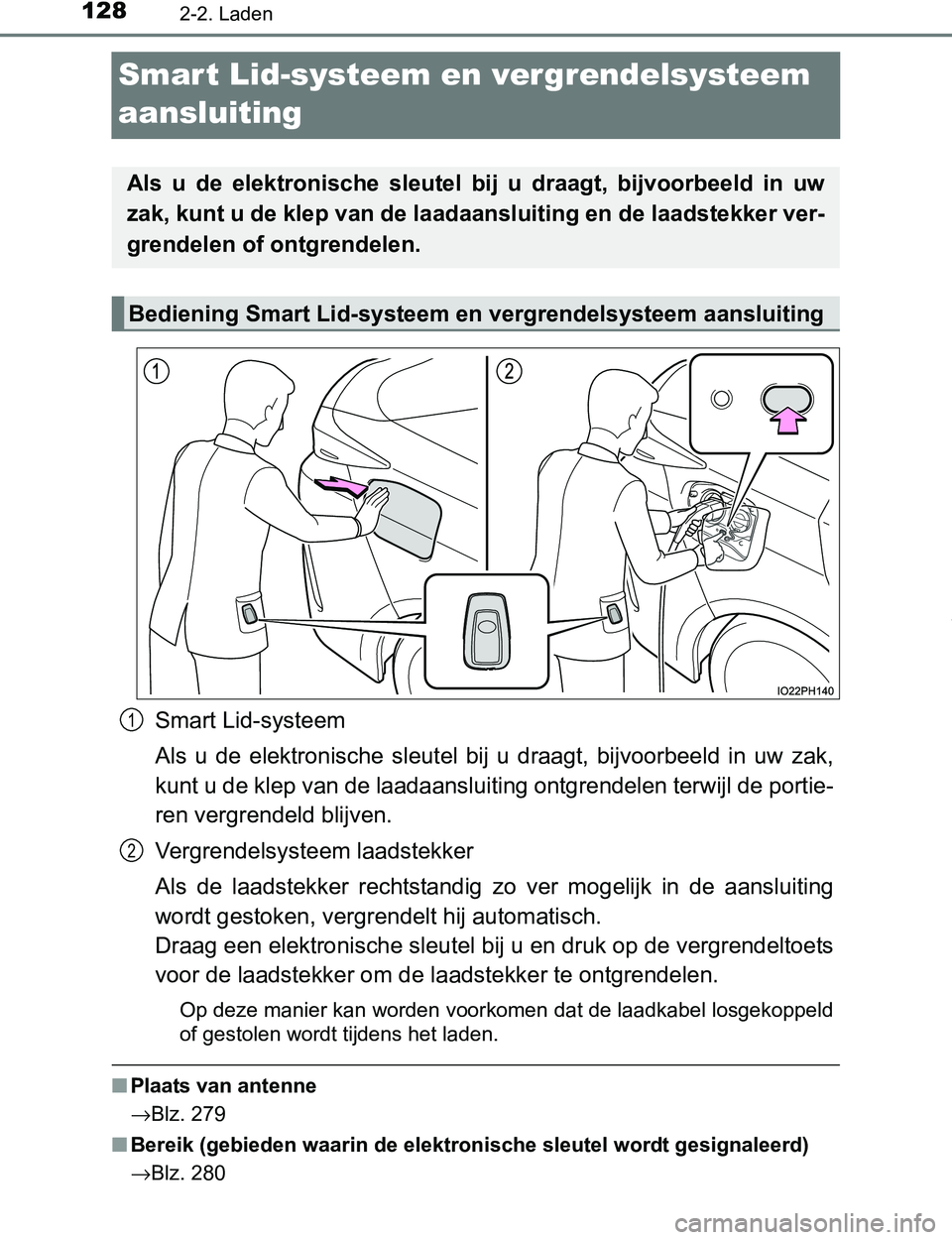 TOYOTA PRIUS PLUG-IN HYBRID 2017 Instructieboekje (in Dutch) 1282-2. Laden
PRIUS PHV_OM_OM47A89E_(EE)
Smart Lid-systeem en vergrendelsysteem
aansluiting
Smart Lid-systeem
Als u de elektronische sleutel bij u draagt, bijvoorbeeld in uw zak,
kunt u de TOYOTA PRIUS PLUG-IN HYBRID 2017 Instructieboekje (in Dutch) 1282-2. Laden
PRIUS PHV_OM_OM47A89E_(EE)
Smart Lid-systeem en vergrendelsysteem
aansluiting
Smart Lid-systeem
Als u de elektronische sleutel bij u draagt, bijvoorbeeld in uw zak,
kunt u de