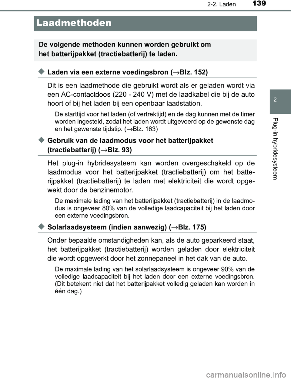 TOYOTA PRIUS PLUG-IN HYBRID 2017 Instructieboekje (in Dutch) 139
2
2-2. Laden
Plug-in hybridesysteem
PRIUS PHV_OM_OM47A89E_(EE)
Laadmethoden
◆Laden via een externe voedingsbron (→Blz. 152)
Dit is een laadmethode die gebruikt wordt als er geladen wordt via
e TOYOTA PRIUS PLUG-IN HYBRID 2017 Instructieboekje (in Dutch) 139
2
2-2. Laden
Plug-in hybridesysteem
PRIUS PHV_OM_OM47A89E_(EE)
Laadmethoden
◆Laden via een externe voedingsbron (→Blz. 152)
Dit is een laadmethode die gebruikt wordt als er geladen wordt via
e