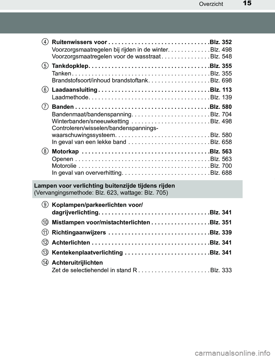 TOYOTA PRIUS PLUG-IN HYBRID 2017 Instructieboekje (in Dutch) 15Overzicht
PRIUS PHV_OM_OM47A89E_(EE)Ruitenwissers voor . . . . . . . . . . . . . . . . . . . . . . . . . . . . . . .Blz. 352
Voorzorgsmaatregelen bij rijden in de winter. . . . . . . . . . . . . Blz TOYOTA PRIUS PLUG-IN HYBRID 2017 Instructieboekje (in Dutch) 15Overzicht
PRIUS PHV_OM_OM47A89E_(EE)Ruitenwissers voor . . . . . . . . . . . . . . . . . . . . . . . . . . . . . . .Blz. 352
Voorzorgsmaatregelen bij rijden in de winter. . . . . . . . . . . . . Blz