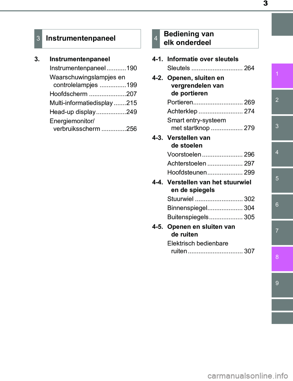 TOYOTA PRIUS PLUG-IN HYBRID 2017  Instructieboekje (in Dutch) 3
1
9 8
7
6
5
4 2
PRIUS PHV_OM_OM47A89E_(EE)
3
3. Instrumentenpaneel
Instrumentenpaneel ...........190
Waarschuwingslampjes en 
controlelampjes ...............199
Hoofdscherm .....................207
