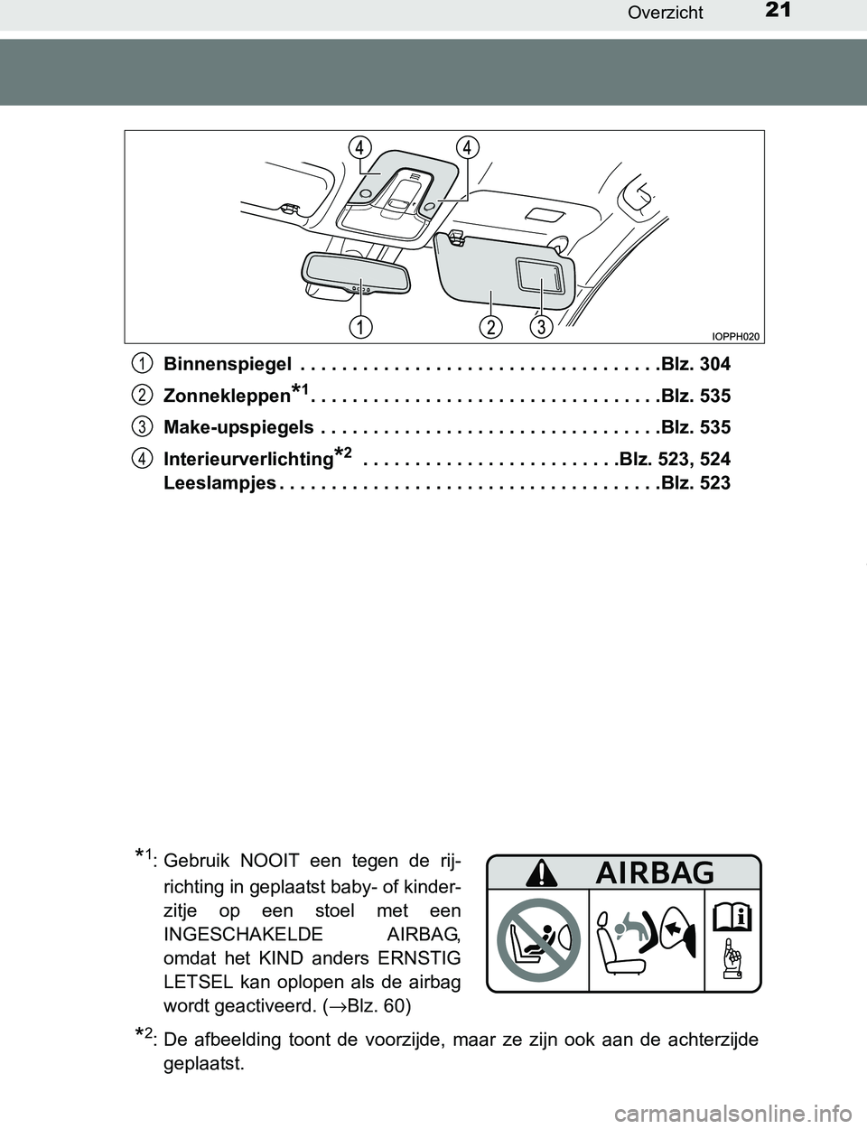 TOYOTA PRIUS PLUG-IN HYBRID 2017  Instructieboekje (in Dutch) 21Overzicht
PRIUS PHV_OM_OM47A89E_(EE)Binnenspiegel  . . . . . . . . . . . . . . . . . . . . . . . . . . . . . . . . . . .Blz. 304
Zonnekleppen
*1. . . . . . . . . . . . . . . . . . . . . . . . . . . 