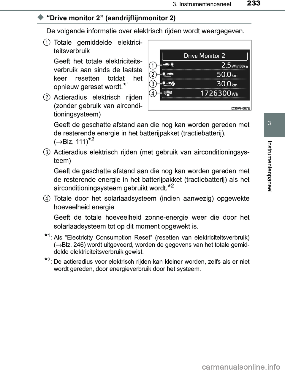 TOYOTA PRIUS PLUG-IN HYBRID 2017  Instructieboekje (in Dutch) 2333. Instrumentenpaneel
3
Instrumentenpaneel
PRIUS PHV_OM_OM47A89E_(EE)
◆“Drive monitor 2” (aandrijflijnmonitor 2)
De volgende informatie over elektrisch rijden wordt weergegeven.
Totale  gemid