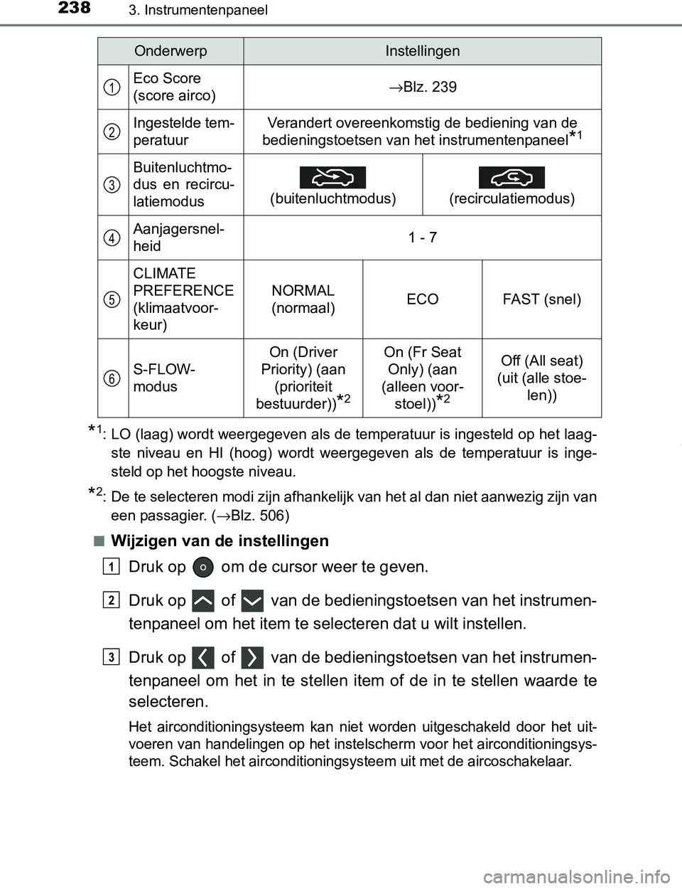 TOYOTA PRIUS PLUG-IN HYBRID 2017  Instructieboekje (in Dutch) 2383. Instrumentenpaneel
PRIUS PHV_OM_OM47A89E_(EE)
*1: LO (laag) wordt weergegeven als de temperatuur is ingesteld op het laag-
ste  niveau  en  HI  (hoog)  wordt  weergegeven  als  de  temperatuur  