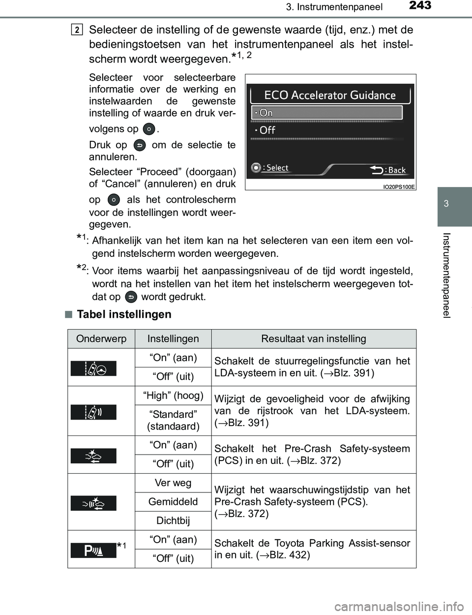 TOYOTA PRIUS PLUG-IN HYBRID 2017 Instructieboekje (in Dutch) 2433. Instrumentenpaneel
3
Instrumentenpaneel
PRIUS PHV_OM_OM47A89E_(EE)
Selecteer de instelling of de gewenste waarde (tijd, enz.) met de
bedieningstoetsen van het instrumentenpaneel als het in TOYOTA PRIUS PLUG-IN HYBRID 2017 Instructieboekje (in Dutch) 2433. Instrumentenpaneel
3
Instrumentenpaneel
PRIUS PHV_OM_OM47A89E_(EE)
Selecteer de instelling of de gewenste waarde (tijd, enz.) met de
bedieningstoetsen van het instrumentenpaneel als het in