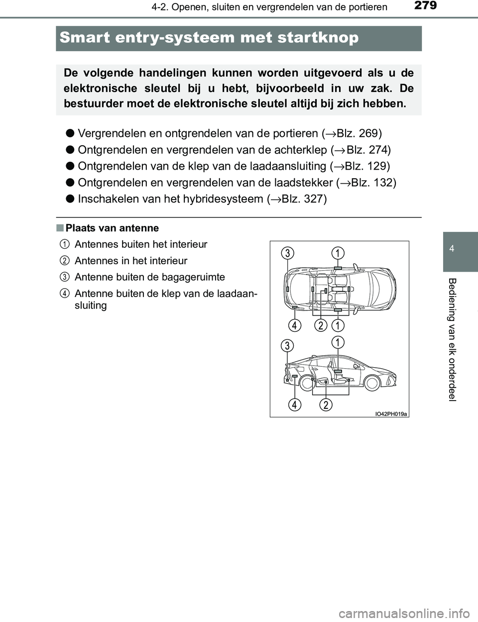 TOYOTA PRIUS PLUG-IN HYBRID 2017 Instructieboekje (in Dutch) 2794-2. Openen, sluiten en vergrendelen van de portieren
PRIUS PHV_OM_OM47A89E_(EE)
4
Bediening van elk onderdeel
Smart entr y-systeem met startknop
●Vergrendelen en ontgrendelen van de portieren ( TOYOTA PRIUS PLUG-IN HYBRID 2017 Instructieboekje (in Dutch) 2794-2. Openen, sluiten en vergrendelen van de portieren
PRIUS PHV_OM_OM47A89E_(EE)
4
Bediening van elk onderdeel
Smart entr y-systeem met startknop
●Vergrendelen en ontgrendelen van de portieren (