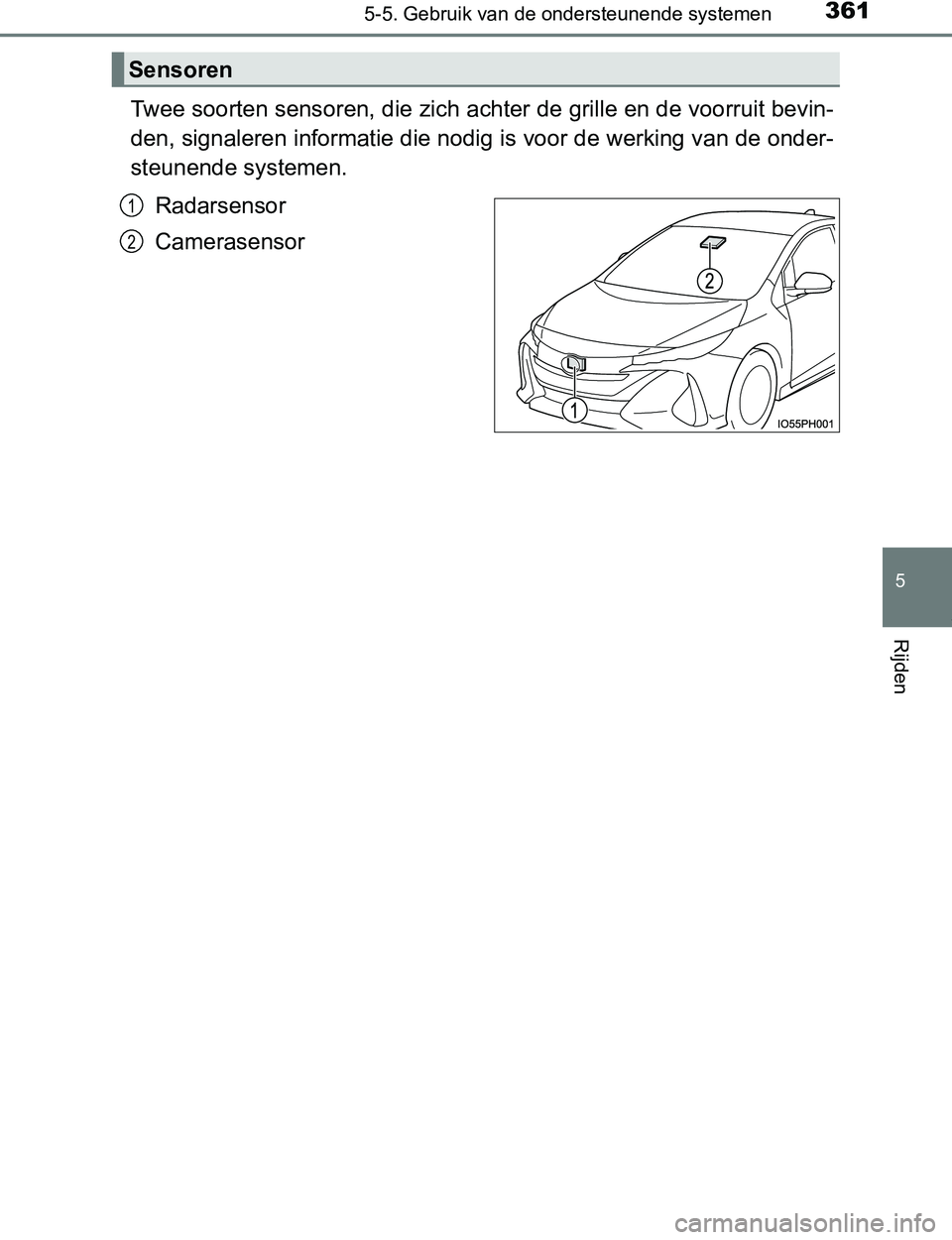 TOYOTA PRIUS PLUG-IN HYBRID 2017 Instructieboekje (in Dutch) 3615-5. Gebruik van de ondersteunende systemen
PRIUS PHV_OM_OM47A89E_(EE)
5
Rijden
Twee soorten sensoren, die zich achter de grille en de voorruit bevin-
den, signaleren informatie die nodig is voor d TOYOTA PRIUS PLUG-IN HYBRID 2017 Instructieboekje (in Dutch) 3615-5. Gebruik van de ondersteunende systemen
PRIUS PHV_OM_OM47A89E_(EE)
5
Rijden
Twee soorten sensoren, die zich achter de grille en de voorruit bevin-
den, signaleren informatie die nodig is voor d