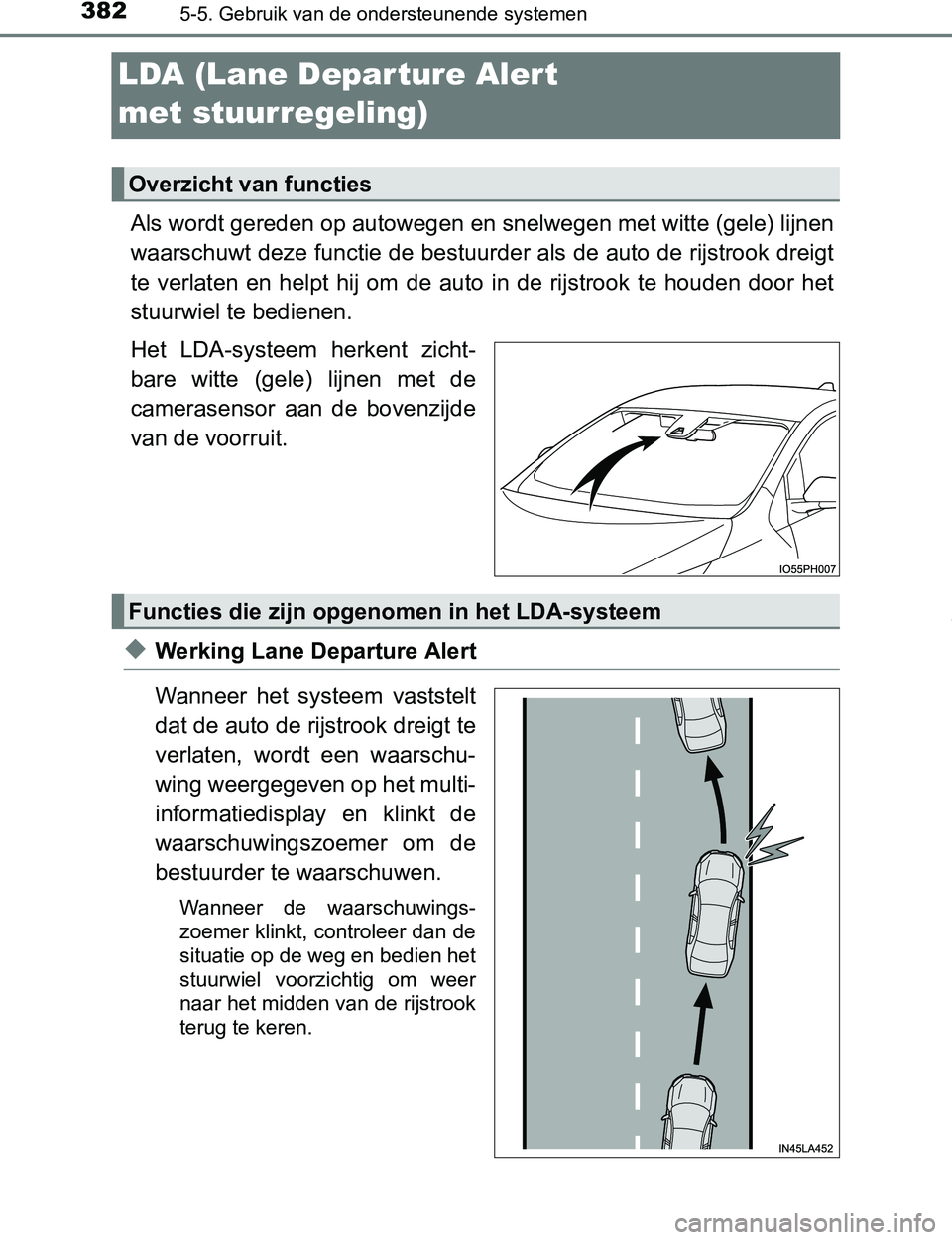 TOYOTA PRIUS PLUG-IN HYBRID 2017 Instructieboekje (in Dutch) 3825-5. Gebruik van de ondersteunende systemen
PRIUS PHV_OM_OM47A89E_(EE)
LDA (Lane Depar ture Alert
met stuurregeling)
Als wordt gereden op autowegen en snelwegen met witte (gele) lijnen
waarschuwt TOYOTA PRIUS PLUG-IN HYBRID 2017 Instructieboekje (in Dutch) 3825-5. Gebruik van de ondersteunende systemen
PRIUS PHV_OM_OM47A89E_(EE)
LDA (Lane Depar ture Alert
met stuurregeling)
Als wordt gereden op autowegen en snelwegen met witte (gele) lijnen
waarschuwt