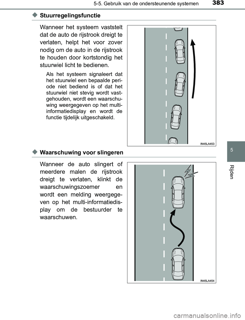 TOYOTA PRIUS PLUG-IN HYBRID 2017 Instructieboekje (in Dutch) 3835-5. Gebruik van de ondersteunende systemen
PRIUS PHV_OM_OM47A89E_(EE)
5
Rijden
◆Stuurregelingsfunctie
Wanneer het systeem vaststelt
dat de auto de rijstrook dreigt te
verlaten, helpt het v TOYOTA PRIUS PLUG-IN HYBRID 2017 Instructieboekje (in Dutch) 3835-5. Gebruik van de ondersteunende systemen
PRIUS PHV_OM_OM47A89E_(EE)
5
Rijden
◆Stuurregelingsfunctie
Wanneer het systeem vaststelt
dat de auto de rijstrook dreigt te
verlaten, helpt het v