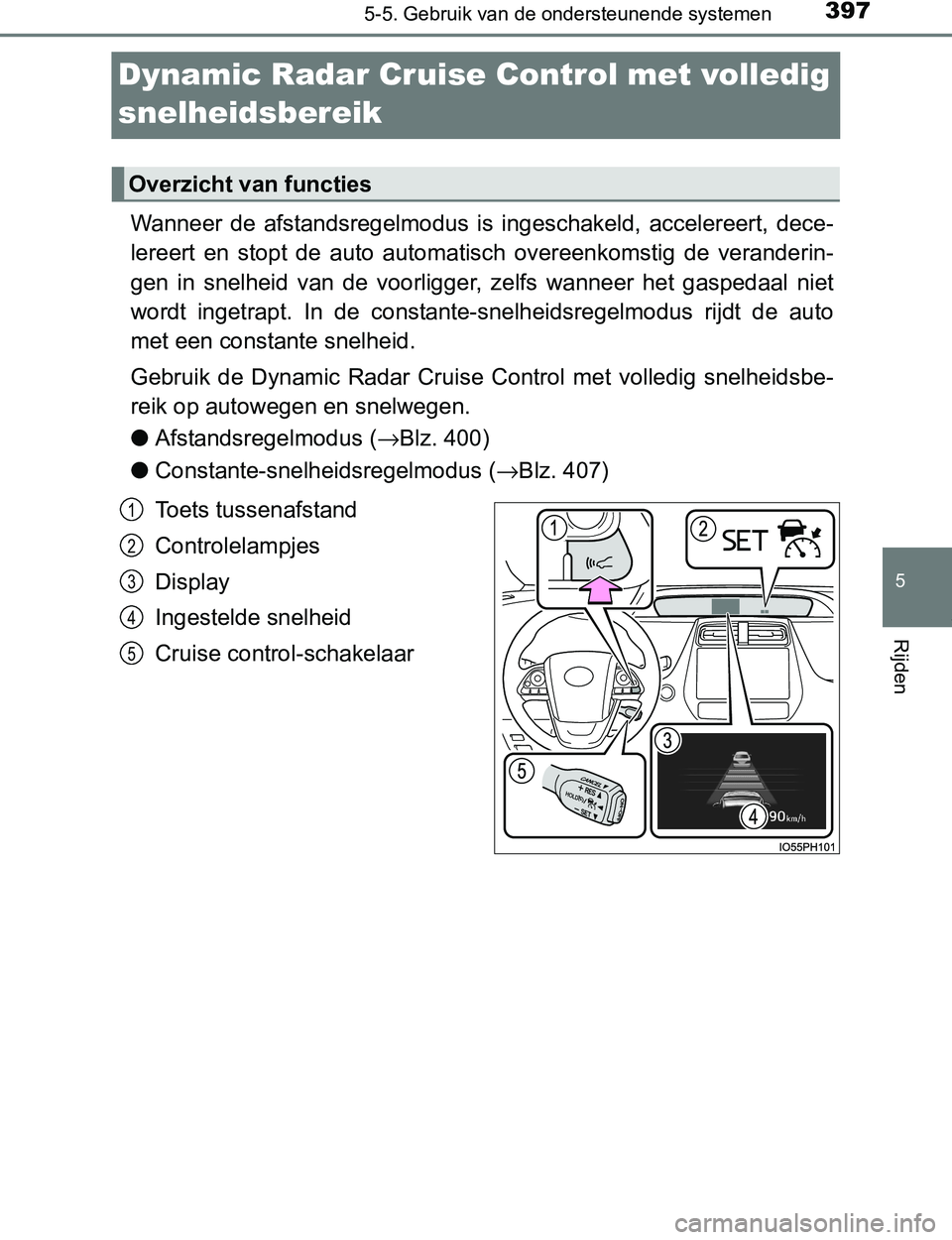 TOYOTA PRIUS PLUG-IN HYBRID 2017 Instructieboekje (in Dutch) 3975-5. Gebruik van de ondersteunende systemen
PRIUS PHV_OM_OM47A89E_(EE)
5
Rijden
Dynamic Radar Cruise Control met volledig
snelheidsbereik
Wanneer de afstandsregelmodus is ingeschakeld, accele TOYOTA PRIUS PLUG-IN HYBRID 2017 Instructieboekje (in Dutch) 3975-5. Gebruik van de ondersteunende systemen
PRIUS PHV_OM_OM47A89E_(EE)
5
Rijden
Dynamic Radar Cruise Control met volledig
snelheidsbereik
Wanneer de afstandsregelmodus is ingeschakeld, accele