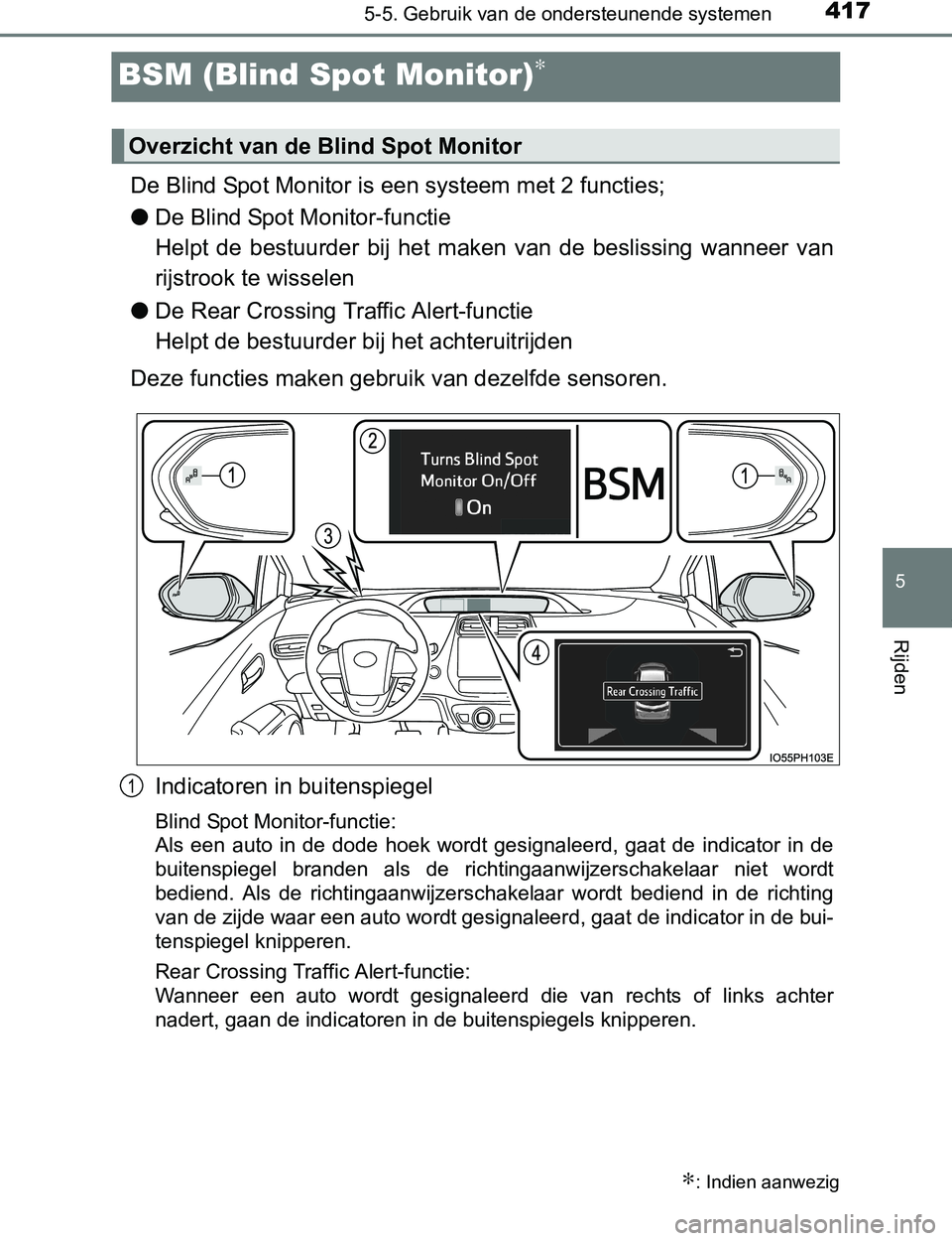 TOYOTA PRIUS PLUG-IN HYBRID 2017 Instructieboekje (in Dutch) 4175-5. Gebruik van de ondersteunende systemen
PRIUS PHV_OM_OM47A89E_(EE)
5
Rijden
BSM (Blind Spot Monitor)∗
De Blind Spot Monitor is een systeem met 2 functies;
●De Blind Spot Monitor-functie
He TOYOTA PRIUS PLUG-IN HYBRID 2017 Instructieboekje (in Dutch) 4175-5. Gebruik van de ondersteunende systemen
PRIUS PHV_OM_OM47A89E_(EE)
5
Rijden
BSM (Blind Spot Monitor)∗
De Blind Spot Monitor is een systeem met 2 functies;
●De Blind Spot Monitor-functie
He