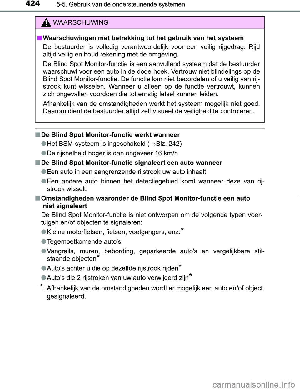 TOYOTA PRIUS PLUG-IN HYBRID 2017 Instructieboekje (in Dutch) 4245-5. Gebruik van de ondersteunende systemen
PRIUS PHV_OM_OM47A89E_(EE)
■De Blind Spot Monitor-functie werkt wanneer
●Het BSM-systeem is ingeschakeld (→Blz. 242)
●De rijsnelheid hoger is dan TOYOTA PRIUS PLUG-IN HYBRID 2017 Instructieboekje (in Dutch) 4245-5. Gebruik van de ondersteunende systemen
PRIUS PHV_OM_OM47A89E_(EE)
■De Blind Spot Monitor-functie werkt wanneer
●Het BSM-systeem is ingeschakeld (→Blz. 242)
●De rijsnelheid hoger is dan