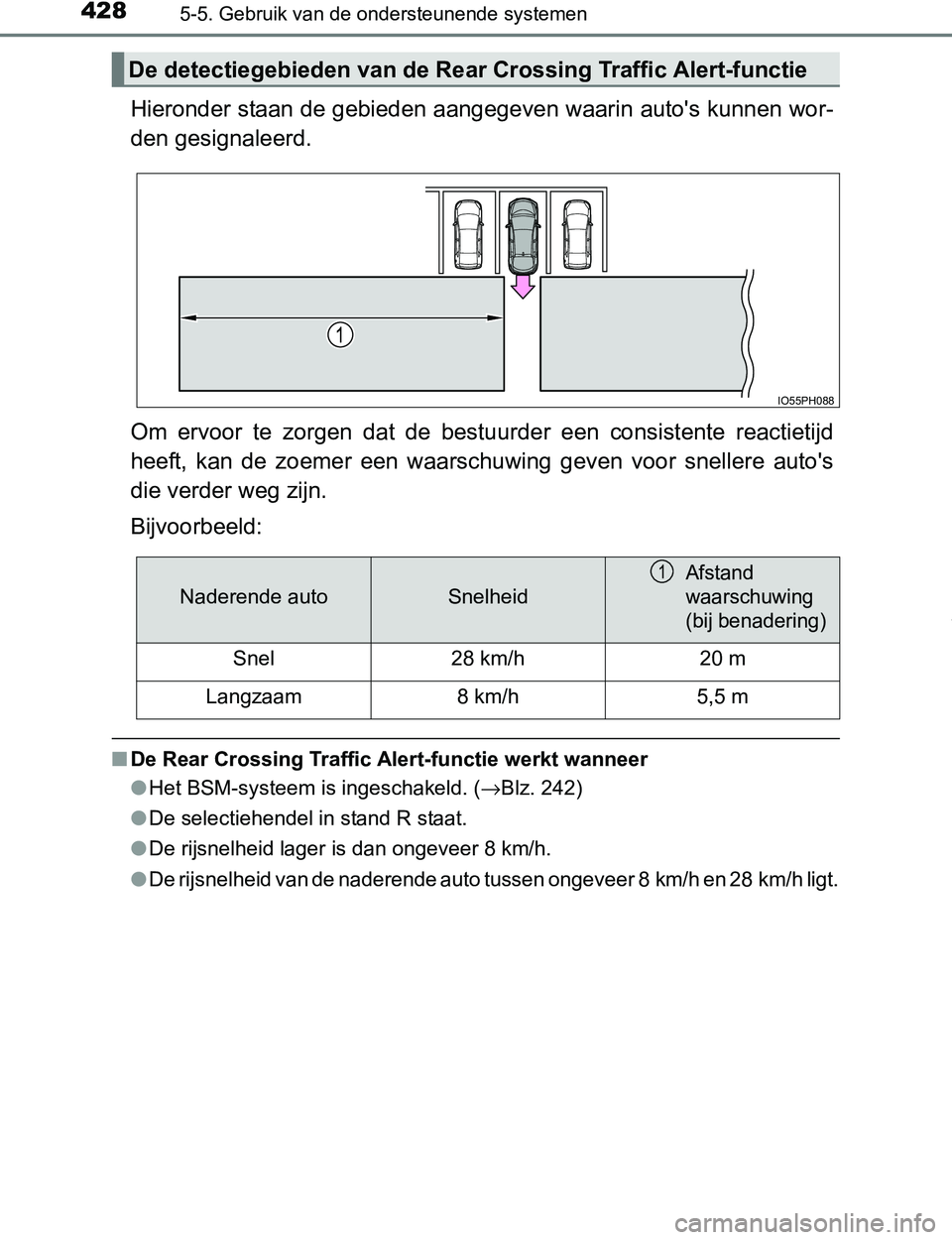 TOYOTA PRIUS PLUG-IN HYBRID 2017 Instructieboekje (in Dutch) 4285-5. Gebruik van de ondersteunende systemen
PRIUS PHV_OM_OM47A89E_(EE)
Hieronder staan de gebieden aangegeven waarin auto's kunnen wor-
den gesignaleerd.
Om ervoor te zorgen dat de bestuu TOYOTA PRIUS PLUG-IN HYBRID 2017 Instructieboekje (in Dutch) 4285-5. Gebruik van de ondersteunende systemen
PRIUS PHV_OM_OM47A89E_(EE)
Hieronder staan de gebieden aangegeven waarin auto's kunnen wor-
den gesignaleerd.
Om ervoor te zorgen dat de bestuu