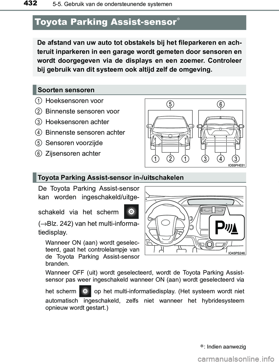 TOYOTA PRIUS PLUG-IN HYBRID 2017 Instructieboekje (in Dutch) 4325-5. Gebruik van de ondersteunende systemen
PRIUS PHV_OM_OM47A89E_(EE)
Toyota Parking Assist-sensor∗
Hoeksensoren voor
Binnenste sensoren voor
Hoeksensoren achter
Binnenste sensoren achter
Sensor TOYOTA PRIUS PLUG-IN HYBRID 2017 Instructieboekje (in Dutch) 4325-5. Gebruik van de ondersteunende systemen
PRIUS PHV_OM_OM47A89E_(EE)
Toyota Parking Assist-sensor∗
Hoeksensoren voor
Binnenste sensoren voor
Hoeksensoren achter
Binnenste sensoren achter
Sensor