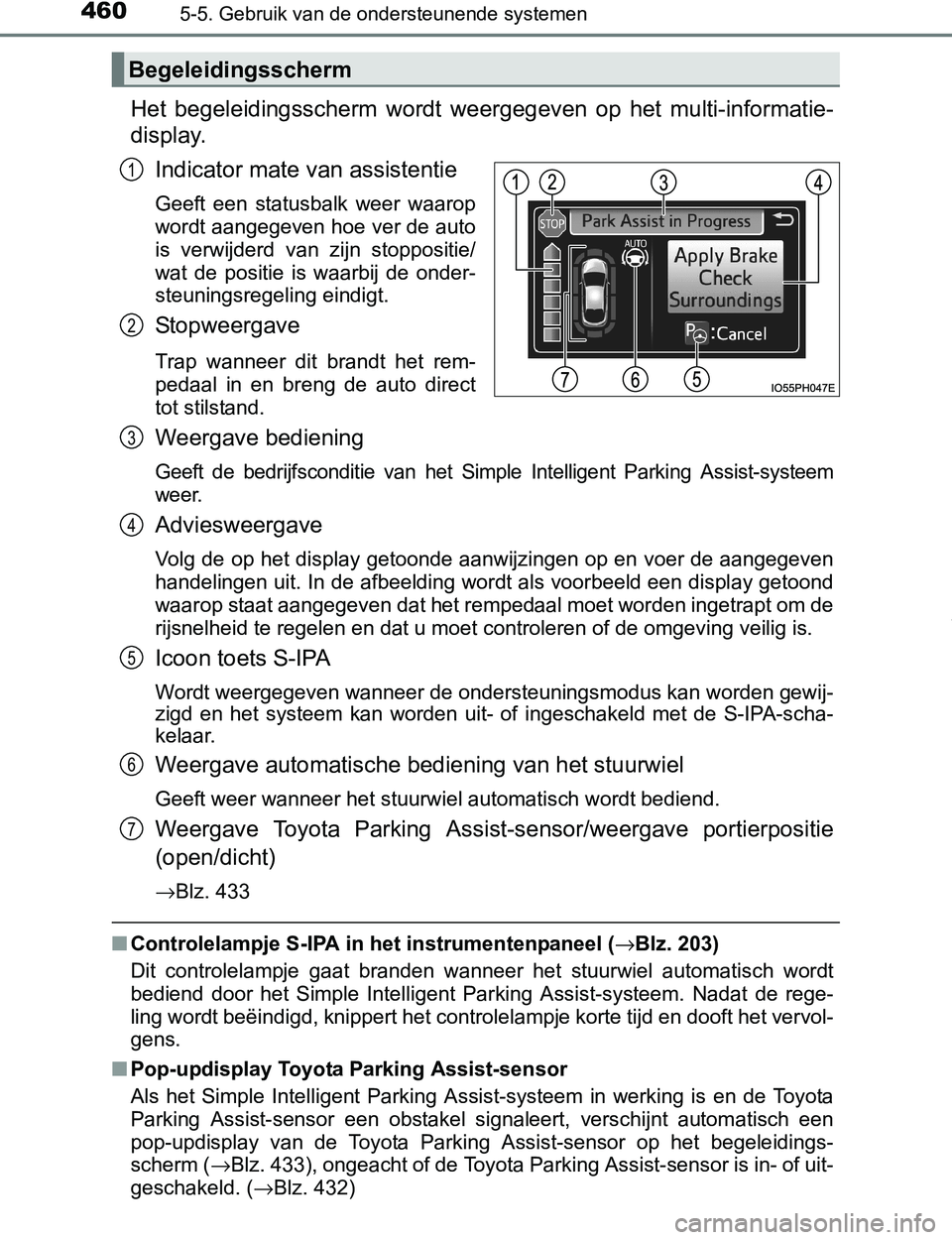 TOYOTA PRIUS PLUG-IN HYBRID 2017 Instructieboekje (in Dutch) 4605-5. Gebruik van de ondersteunende systemen
PRIUS PHV_OM_OM47A89E_(EE)
Het begeleidingsscherm wordt weergegeven op het multi-informatie-
display.
Indicator mate van assistentie
Geeft een st TOYOTA PRIUS PLUG-IN HYBRID 2017 Instructieboekje (in Dutch) 4605-5. Gebruik van de ondersteunende systemen
PRIUS PHV_OM_OM47A89E_(EE)
Het begeleidingsscherm wordt weergegeven op het multi-informatie-
display.
Indicator mate van assistentie
Geeft een st