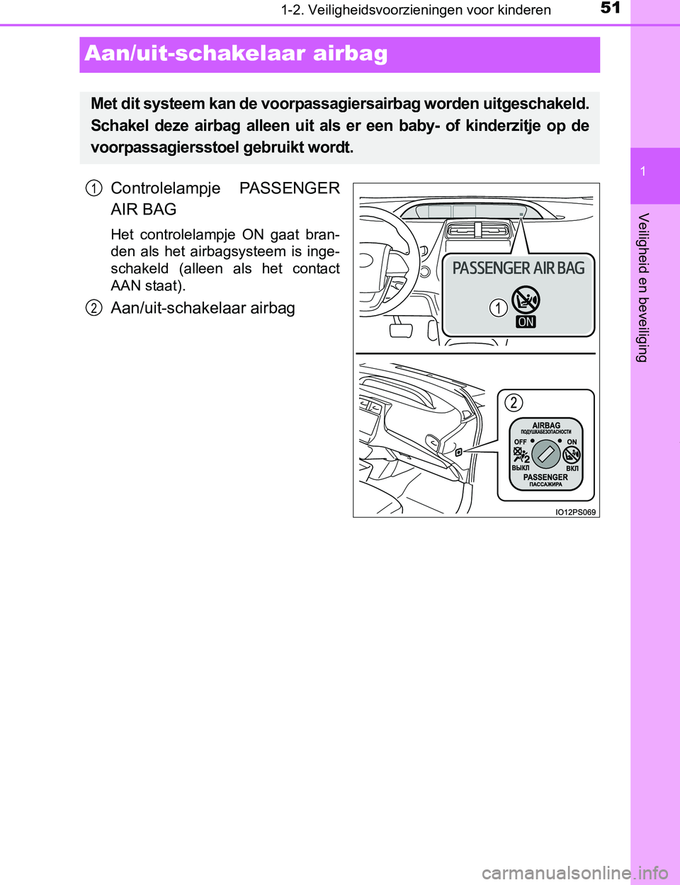 TOYOTA PRIUS PLUG-IN HYBRID 2017  Instructieboekje (in Dutch) 511-2. Veiligheidsvoorzieningen voor kinderen
1
Veiligheid en beveiliging
PRIUS PHV_OM_OM47A89E_(EE)
Aan/uit-schakelaar airbag
Controlelampje  PASSENGER
AIR BAG
Het  controlelampje  ON  gaat  bran-
de