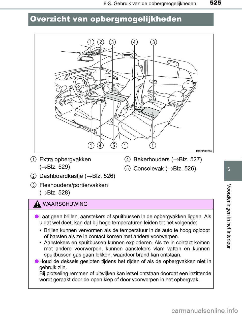 TOYOTA PRIUS PLUG-IN HYBRID 2017 Instructieboekje (in Dutch) 5256-3. Gebruik van de opbergmogelijkheden
PRIUS PHV_OM_OM47A89E_(EE)
6
Voorzieningen in het interieur
Overzicht van opbergmogelijkheden
Extra opbergvakken
(→Blz. 529)
Dashboardkastje (→Blz. 526) TOYOTA PRIUS PLUG-IN HYBRID 2017 Instructieboekje (in Dutch) 5256-3. Gebruik van de opbergmogelijkheden
PRIUS PHV_OM_OM47A89E_(EE)
6
Voorzieningen in het interieur
Overzicht van opbergmogelijkheden
Extra opbergvakken
(→Blz. 529)
Dashboardkastje (→Blz. 526)