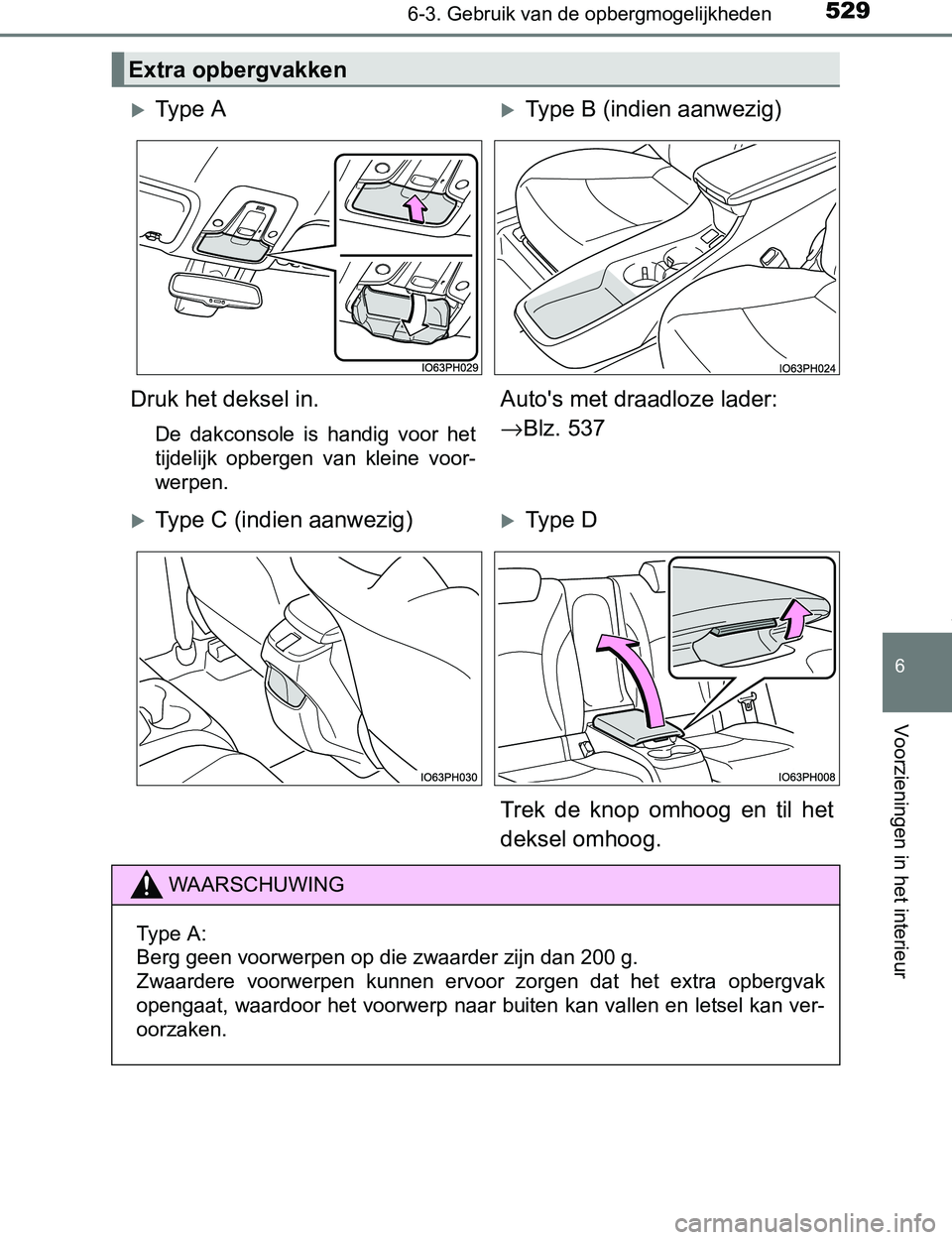 TOYOTA PRIUS PLUG-IN HYBRID 2017  Instructieboekje (in Dutch) 5296-3. Gebruik van de opbergmogelijkheden
PRIUS PHV_OM_OM47A89E_(EE)
6
Voorzieningen in het interieur
Extra opbergvakken
Ty p e   AType B (indien aanwezig)
Druk het deksel in.
De  dakconsole  i